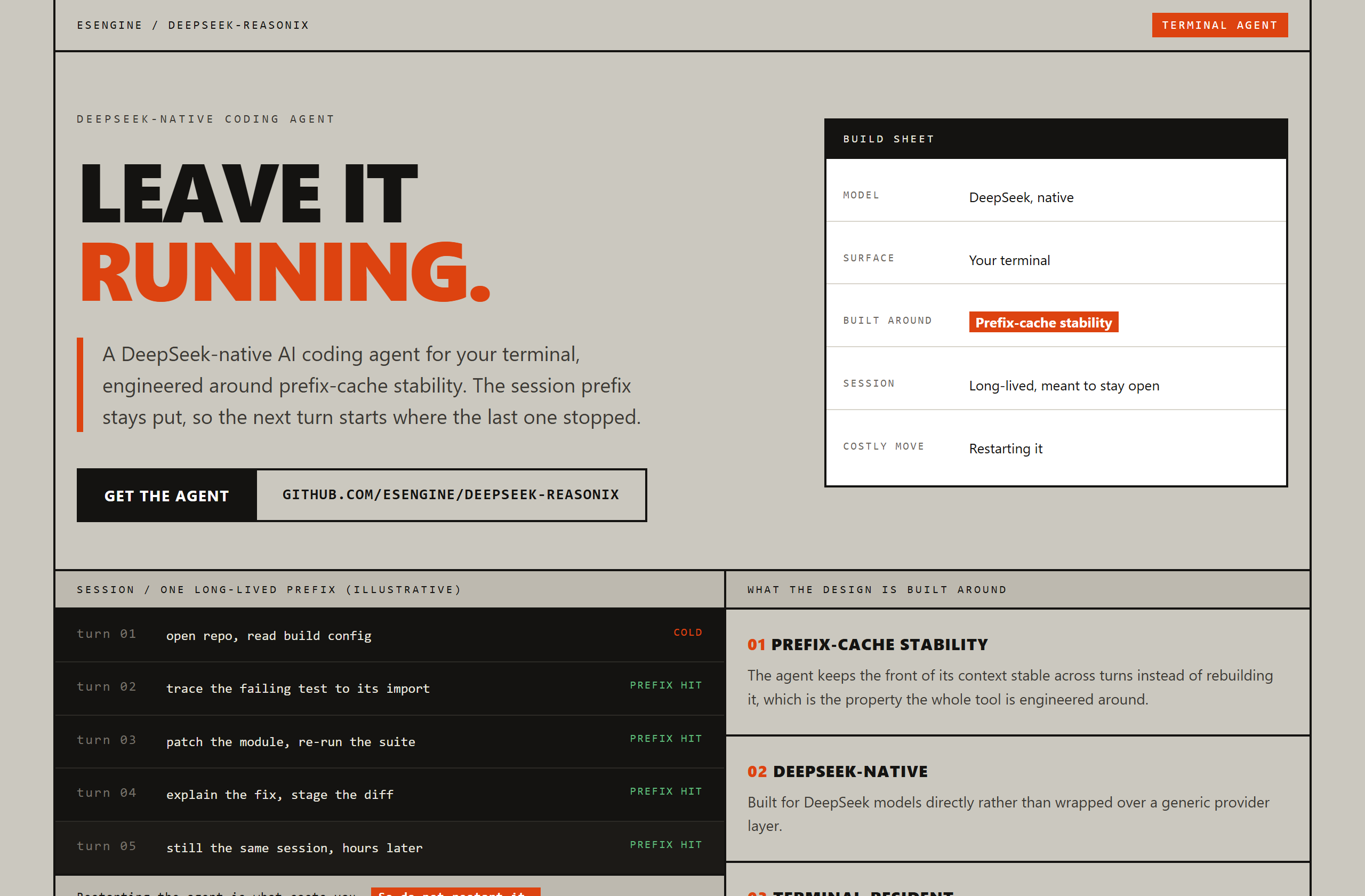 esengine/DeepSeek-Reasonix landing-page hero mock, brutalist style