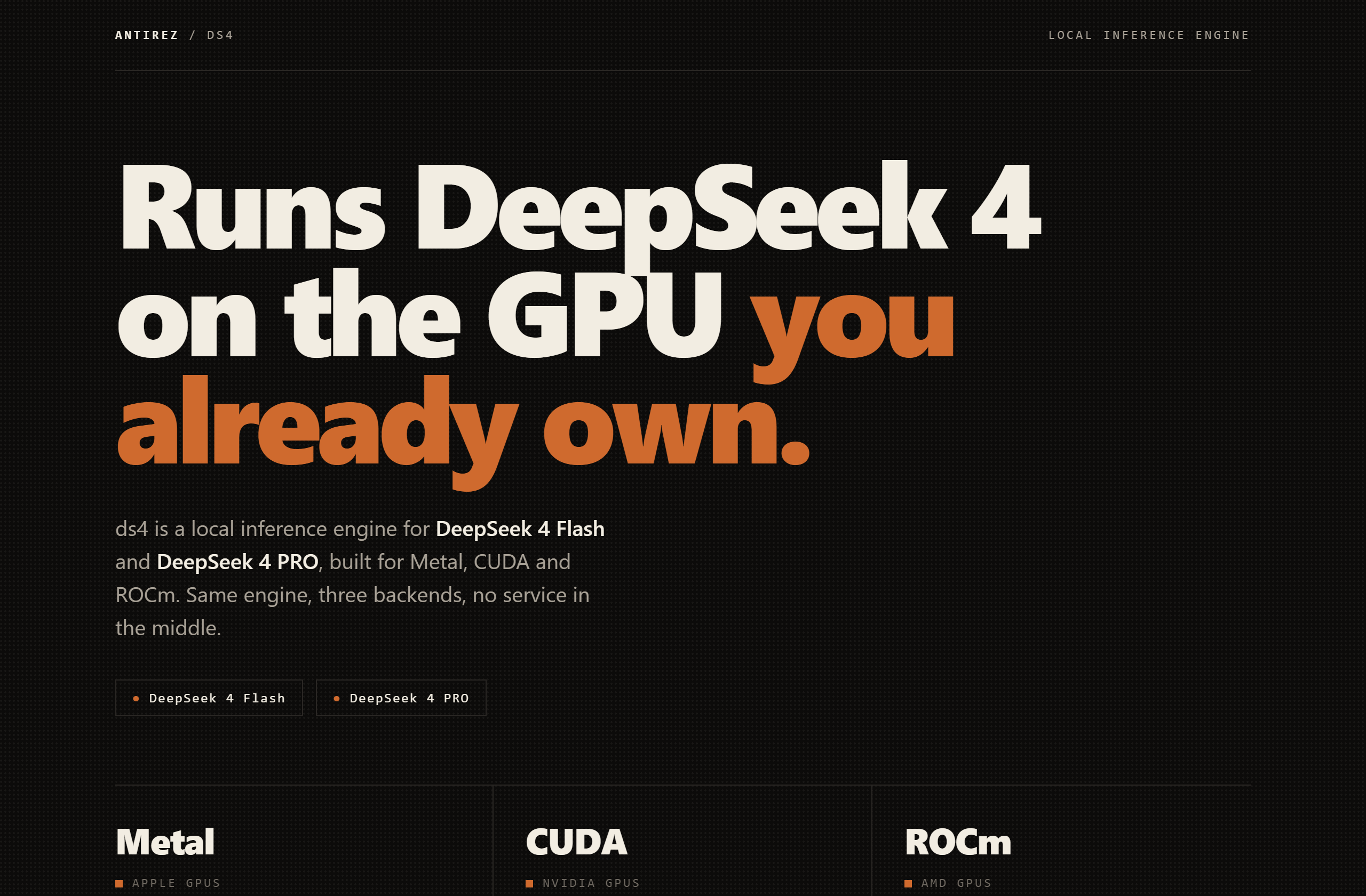 antirez/ds4 landing-page hero mock, poster style