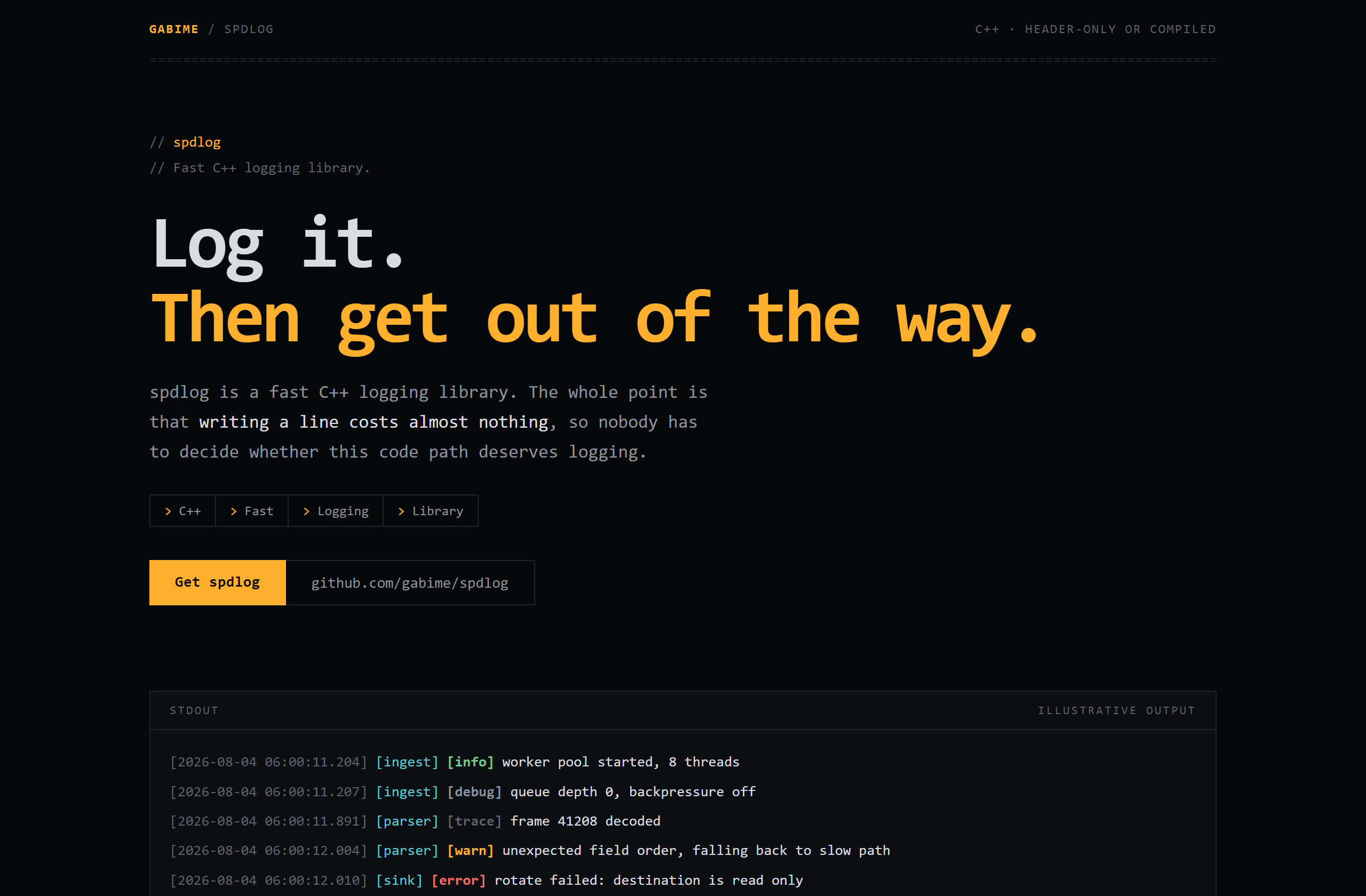gabime/spdlog landing-page hero mock, mono-zine style
