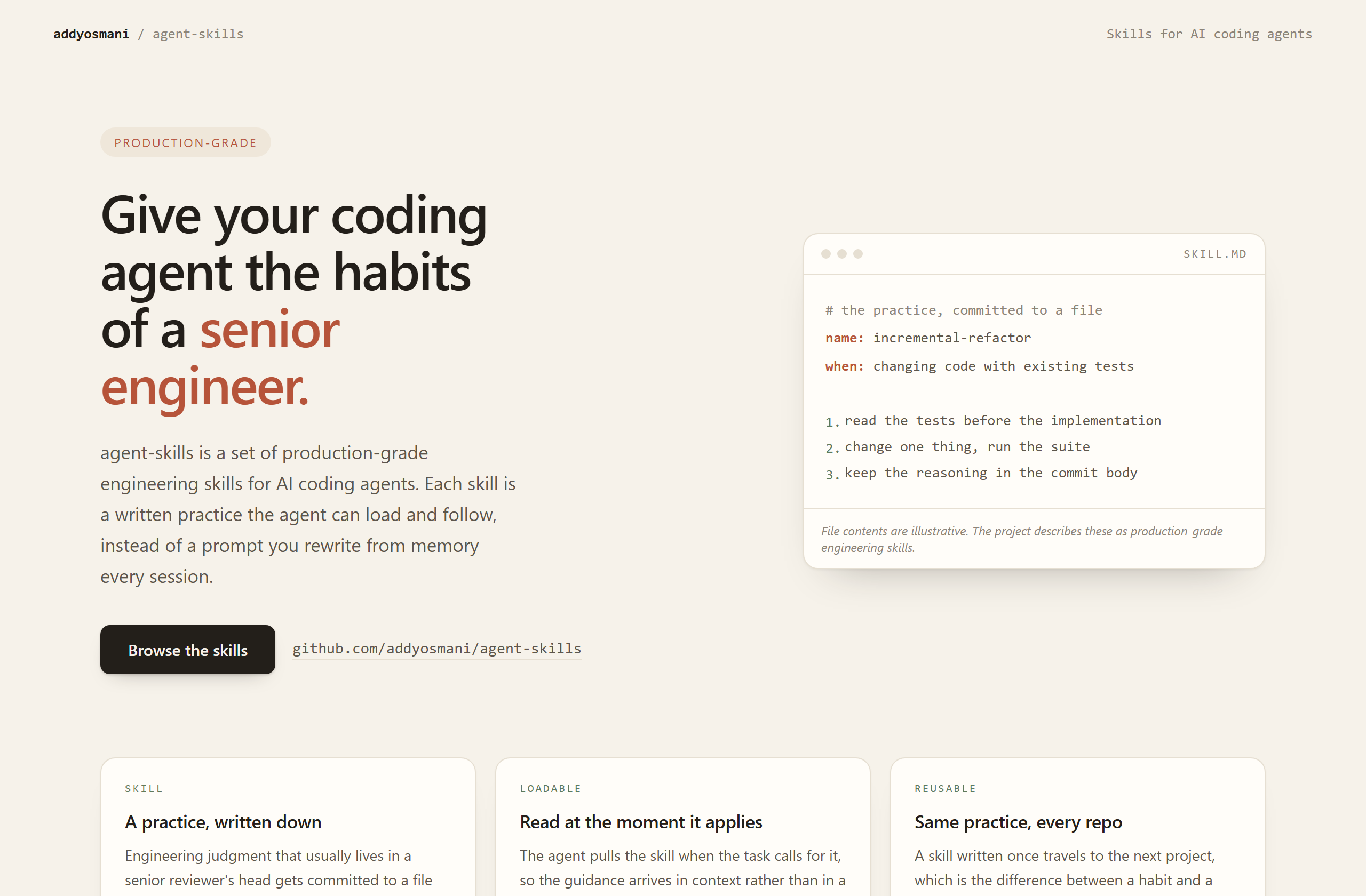 addyosmani/agent-skills landing-page hero mock, warm-minimal style
