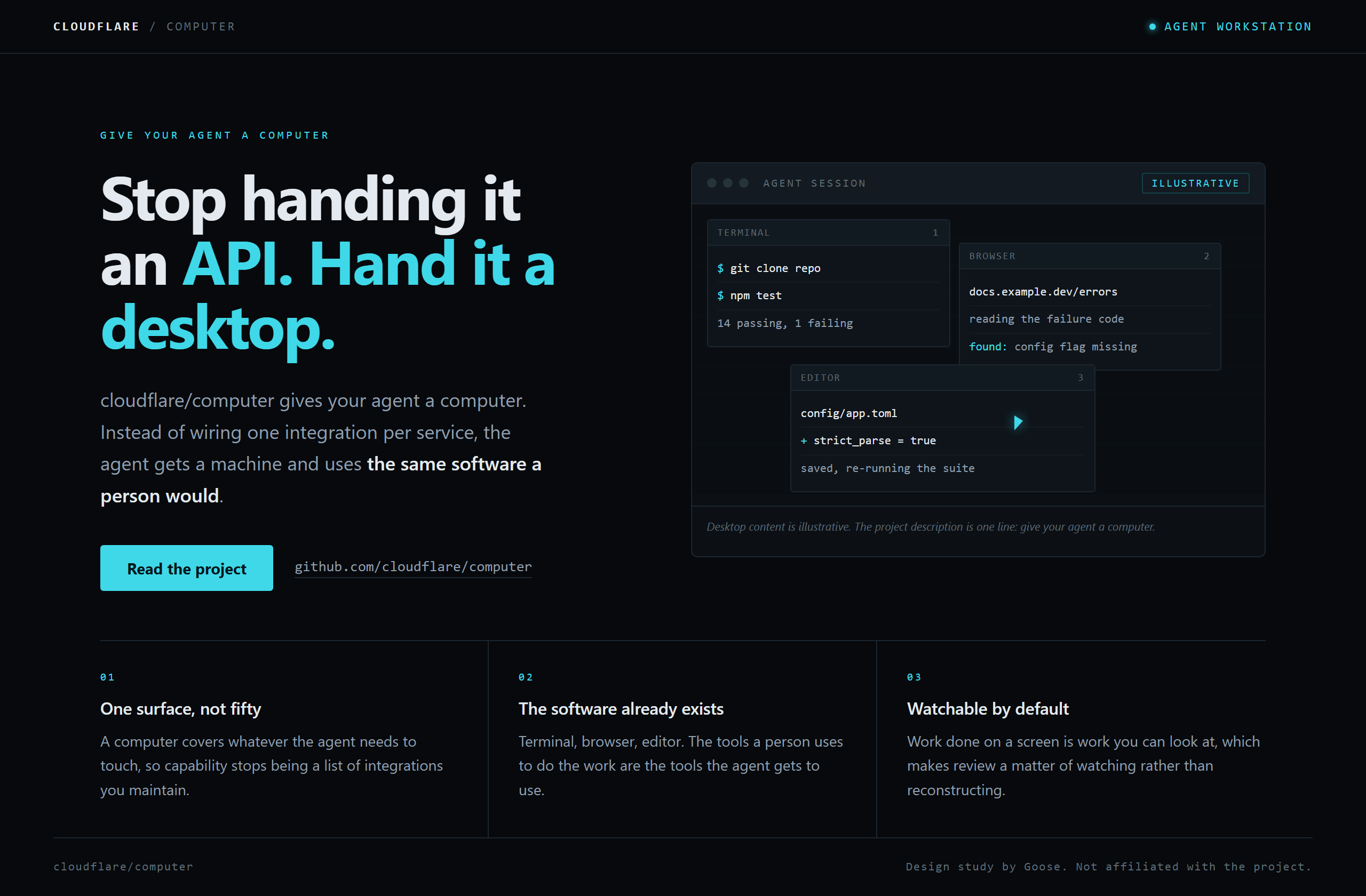 cloudflare/computer landing-page hero mock, terminal-dark style