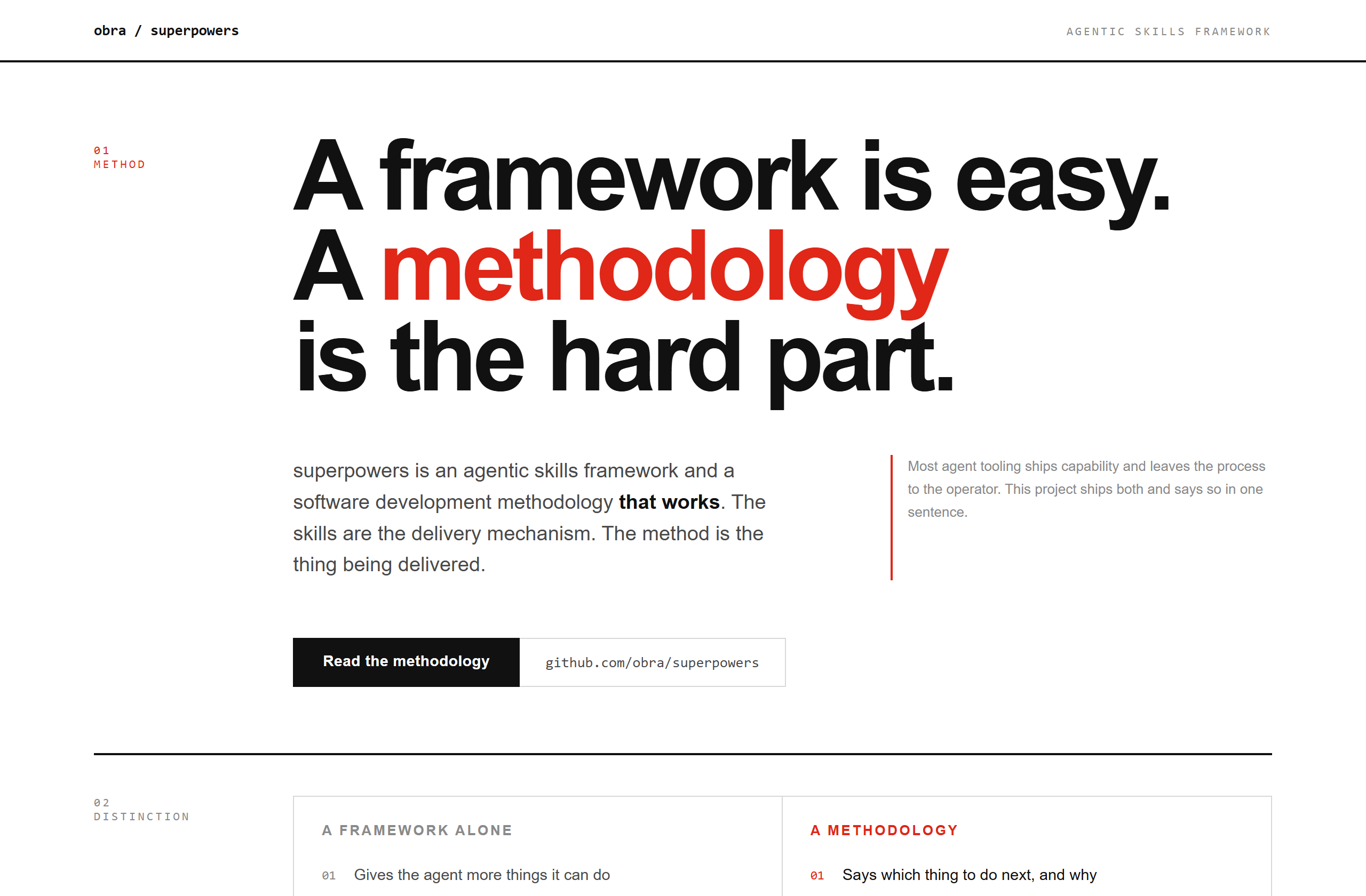 obra/superpowers landing-page hero mock, swiss style