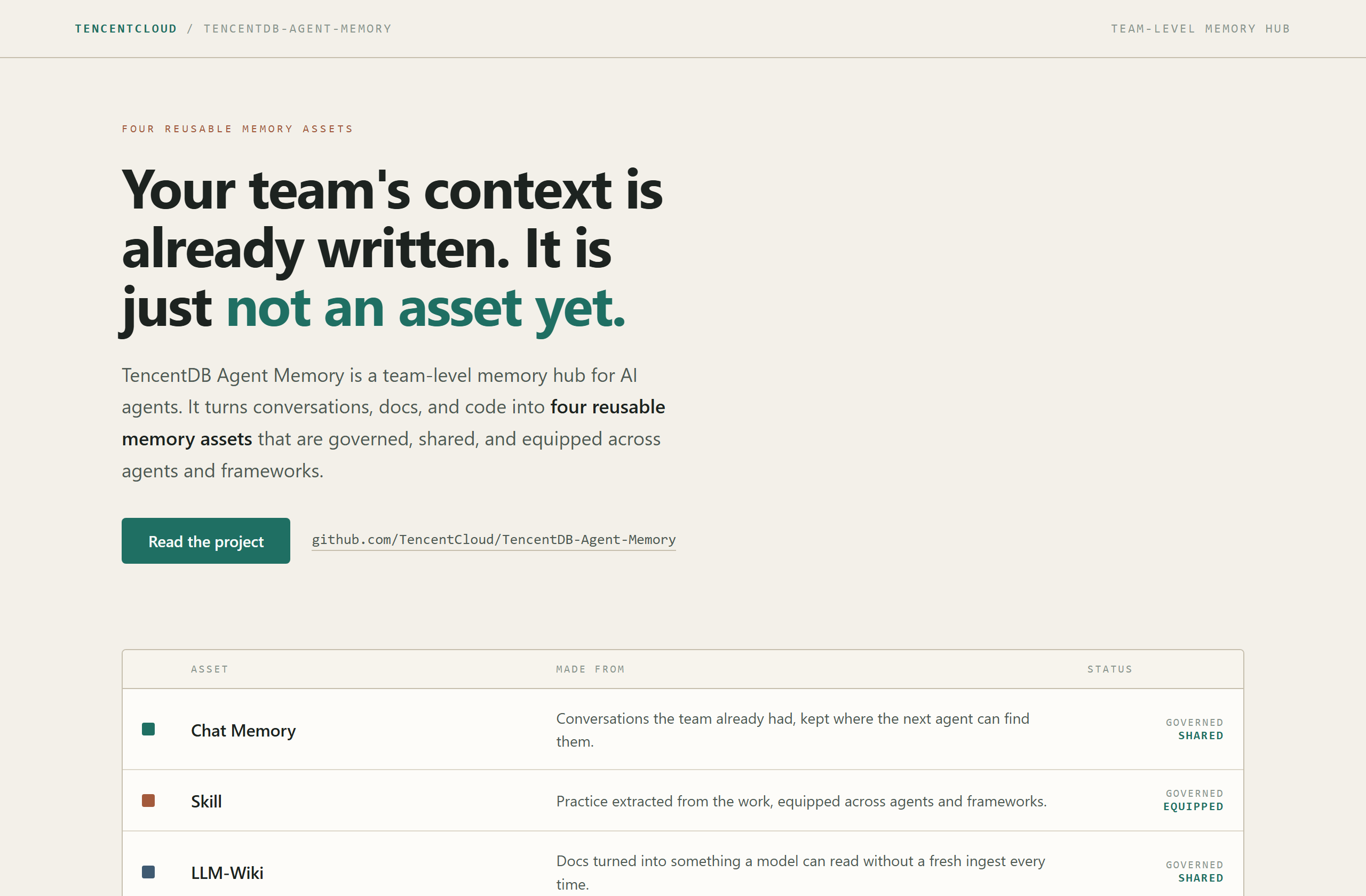 TencentCloud/TencentDB-Agent-Memory landing-page hero mock, ledger style