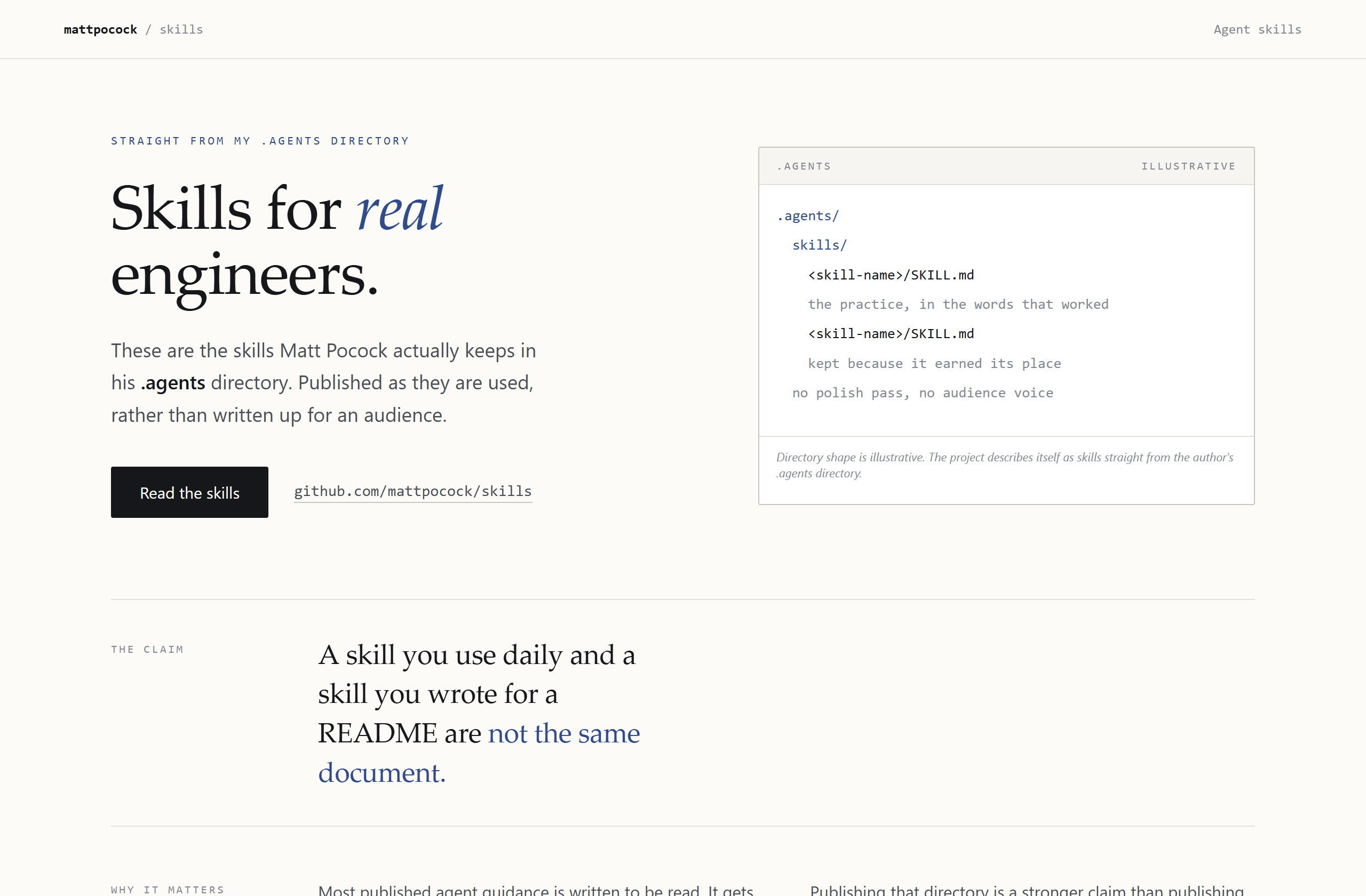 mattpocock/skills landing-page hero mock, editorial style