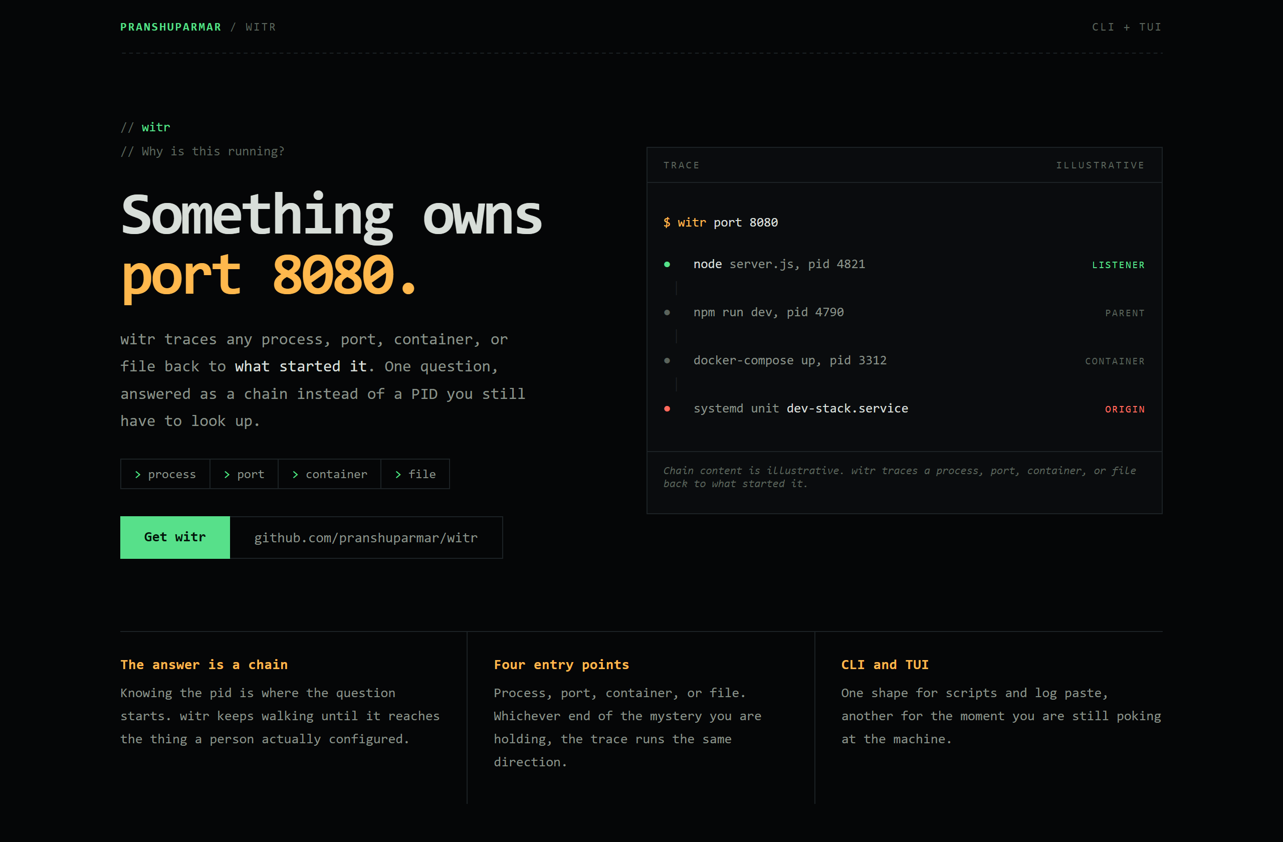 pranshuparmar/witr landing-page hero mock, mono-zine style