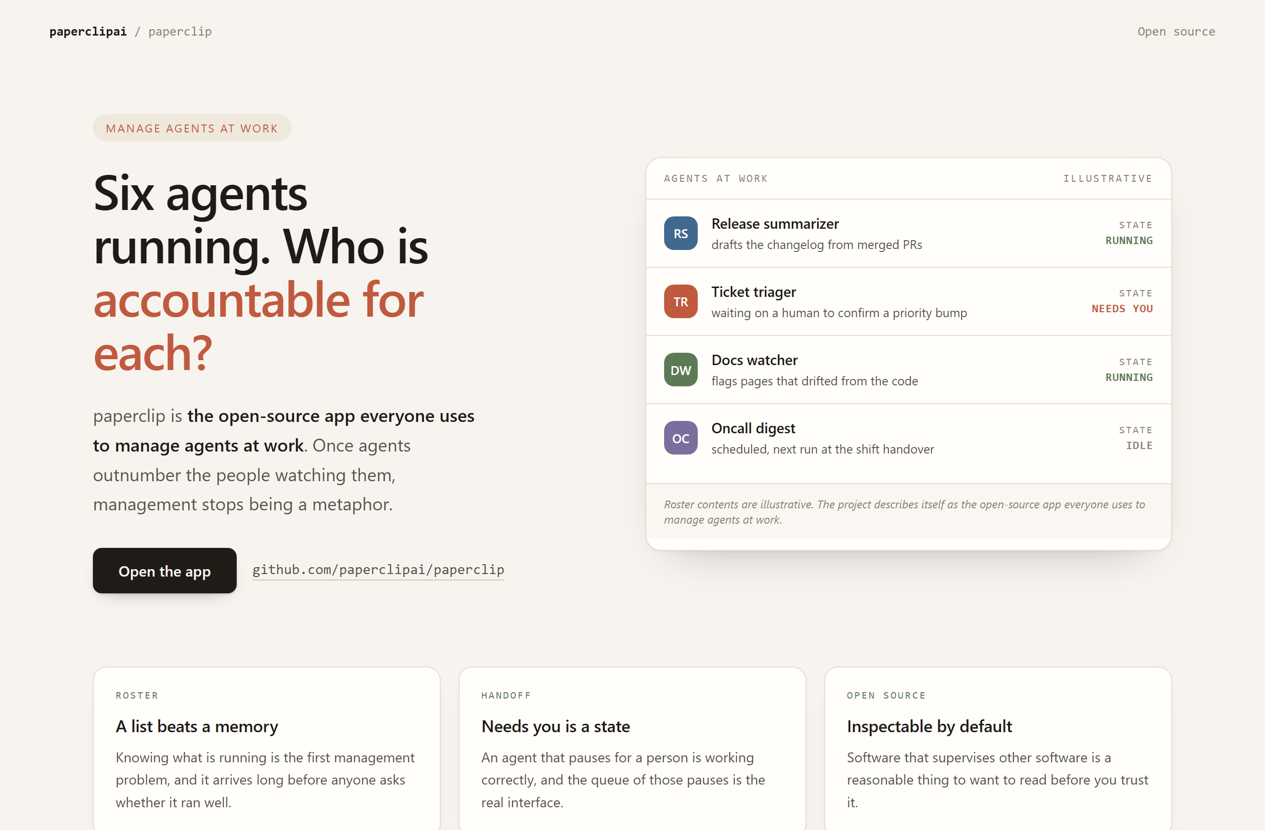 paperclipai/paperclip landing-page hero mock, warm-minimal style