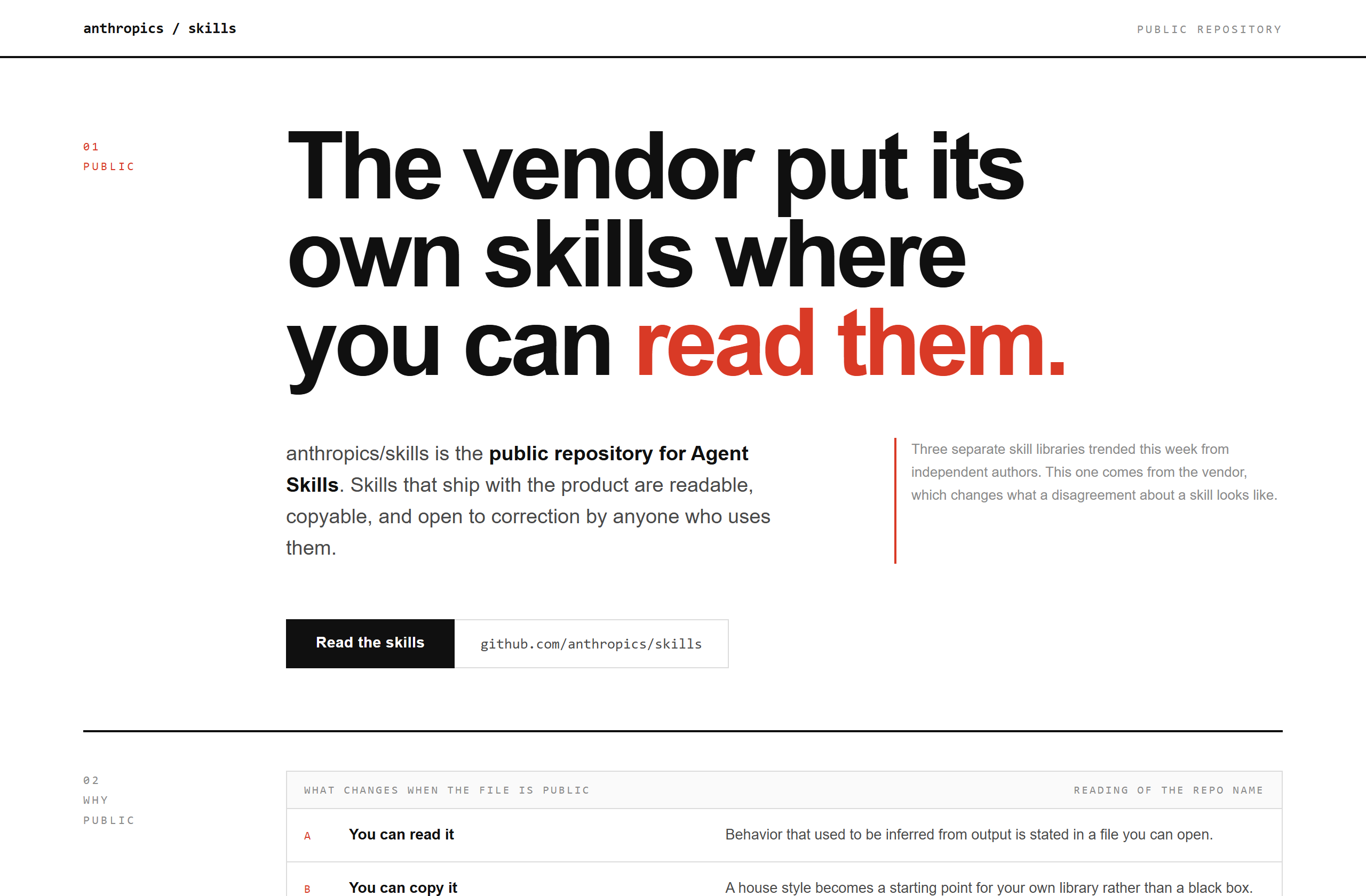 anthropics/skills landing-page hero mock, swiss style