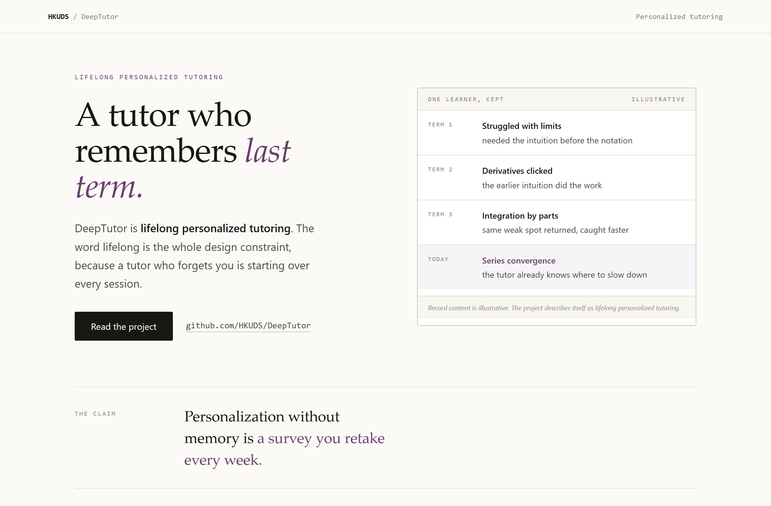 HKUDS/DeepTutor landing-page hero mock, editorial style
