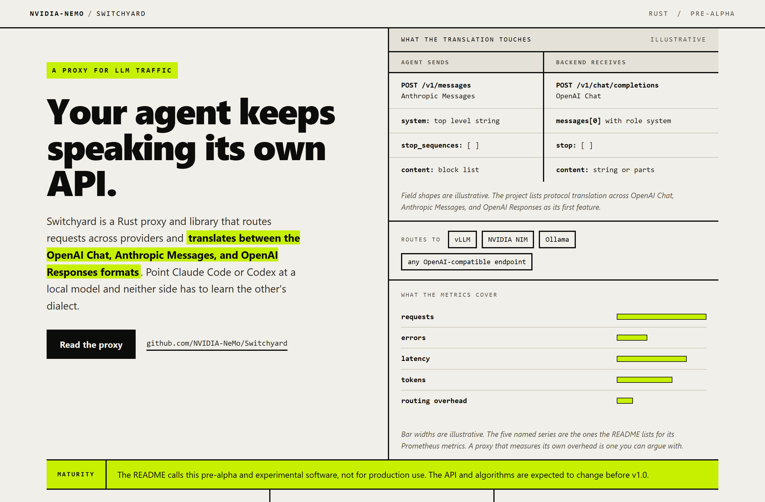 NVIDIA-NeMo/Switchyard landing-page hero mock, brutalist style