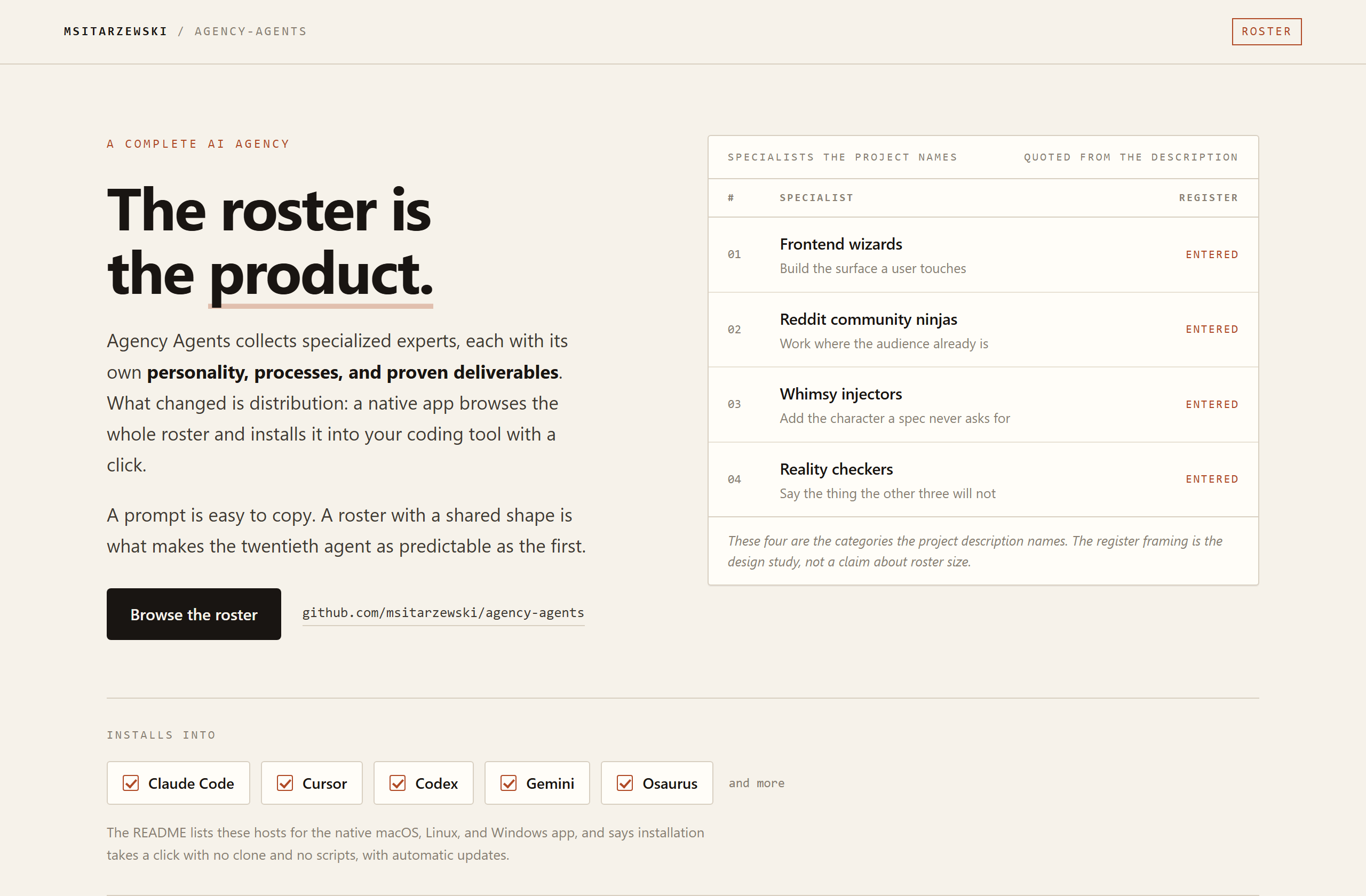 msitarzewski/agency-agents landing-page hero mock, ledger style