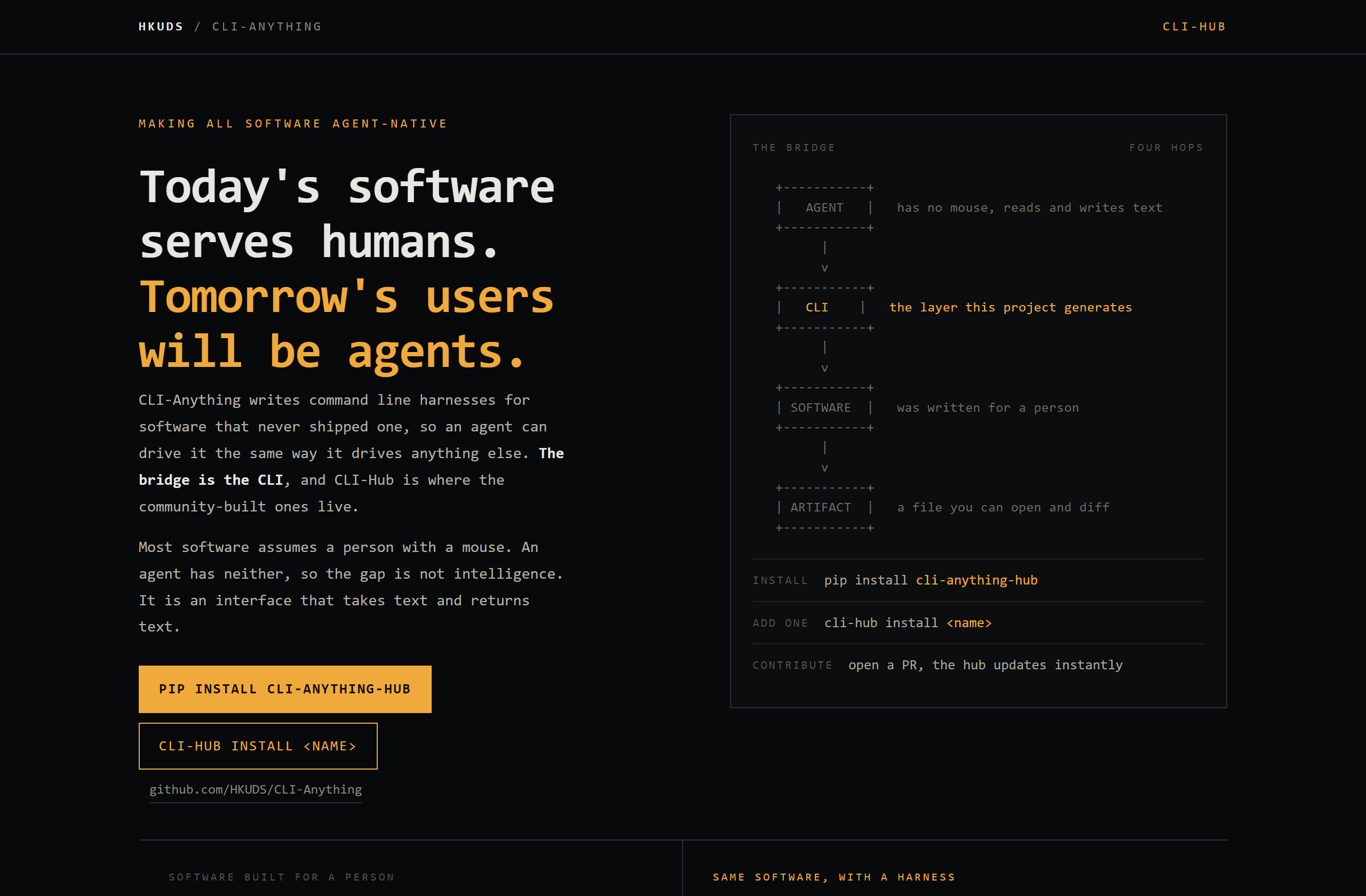 HKUDS/CLI-Anything landing-page hero mock, mono-zine style