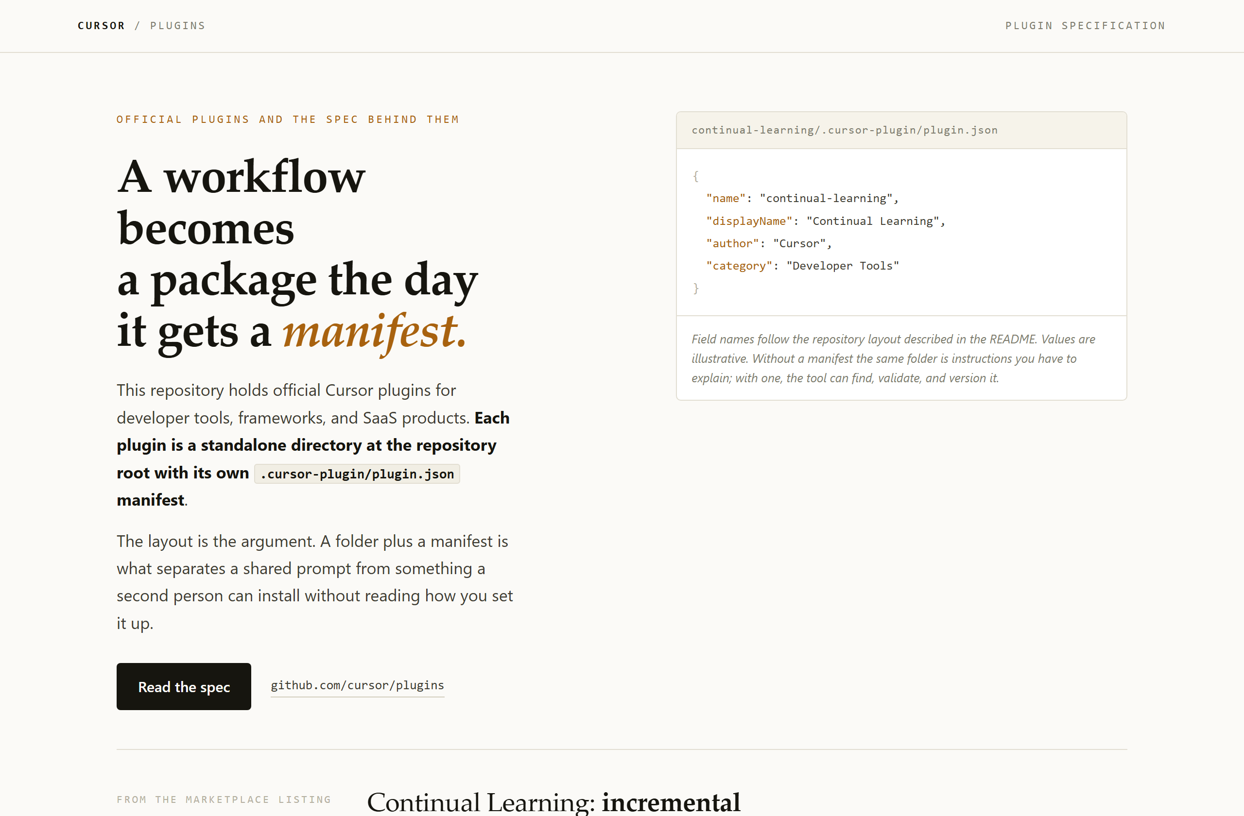 cursor/plugins landing-page hero mock, editorial style
