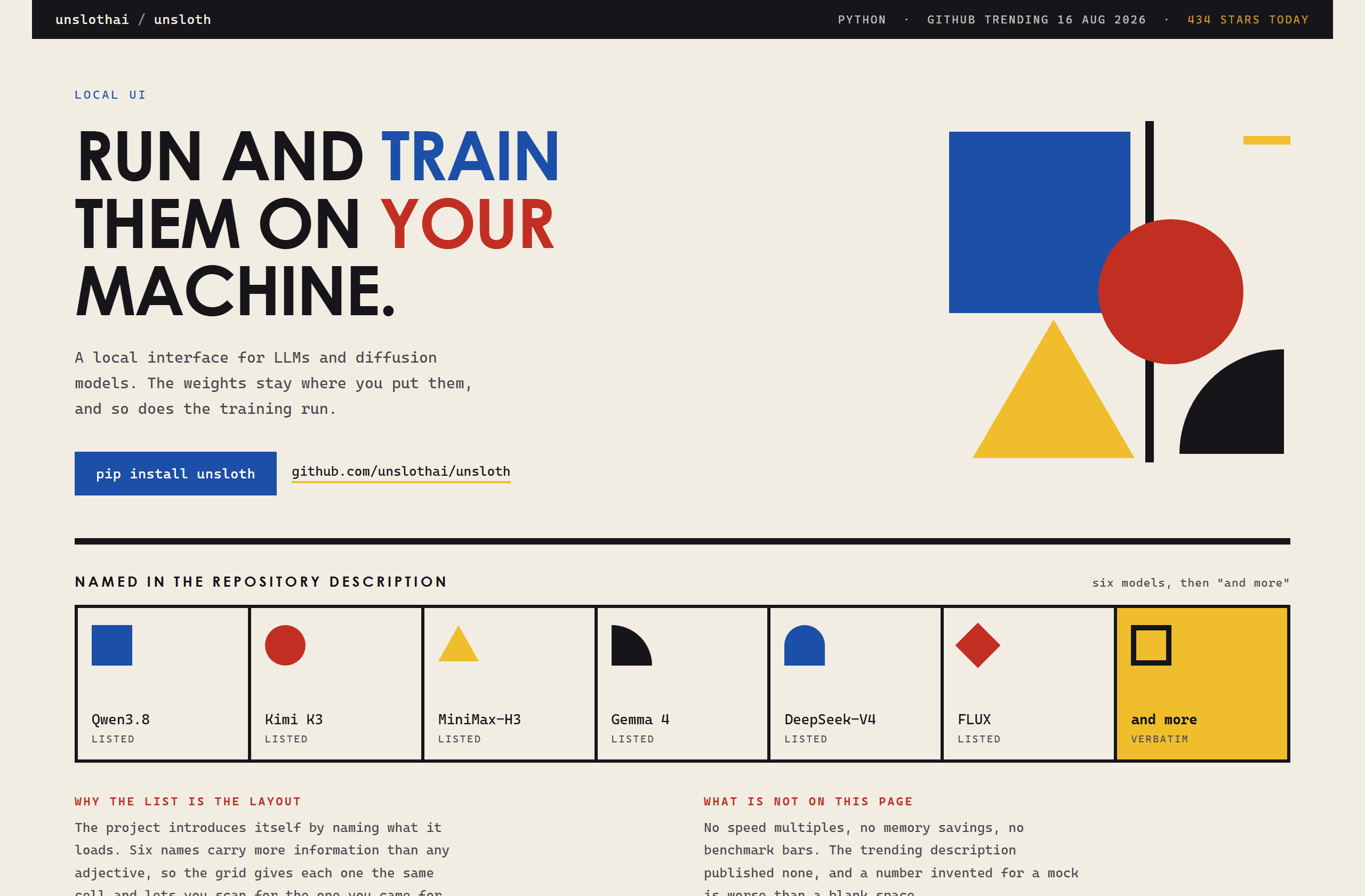 unslothai/unsloth landing-page hero mock, bauhaus style