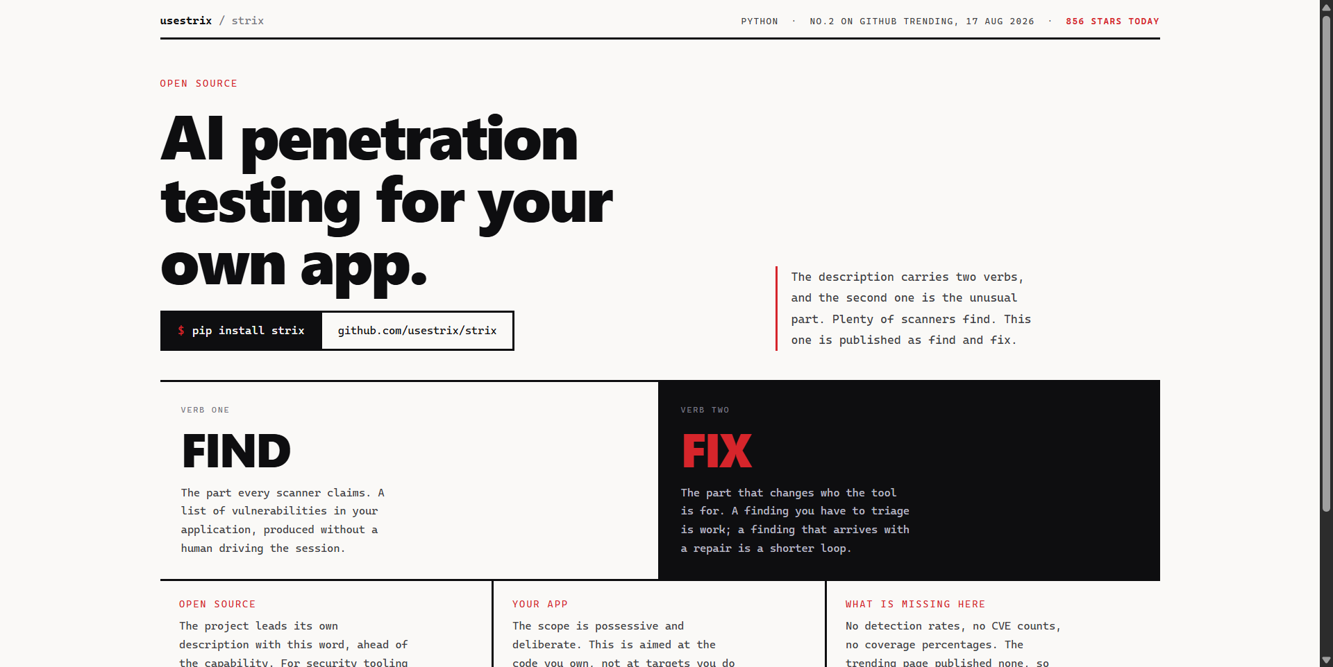 usestrix/strix landing-page hero mock, brutalist style