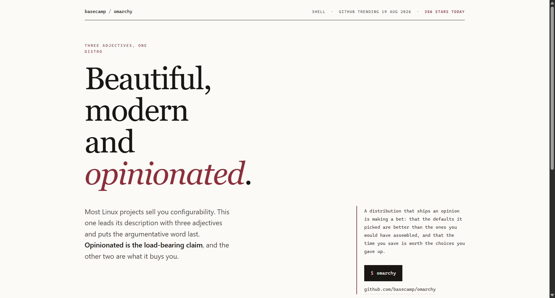 basecamp/omarchy landing-page hero mock, editorial style