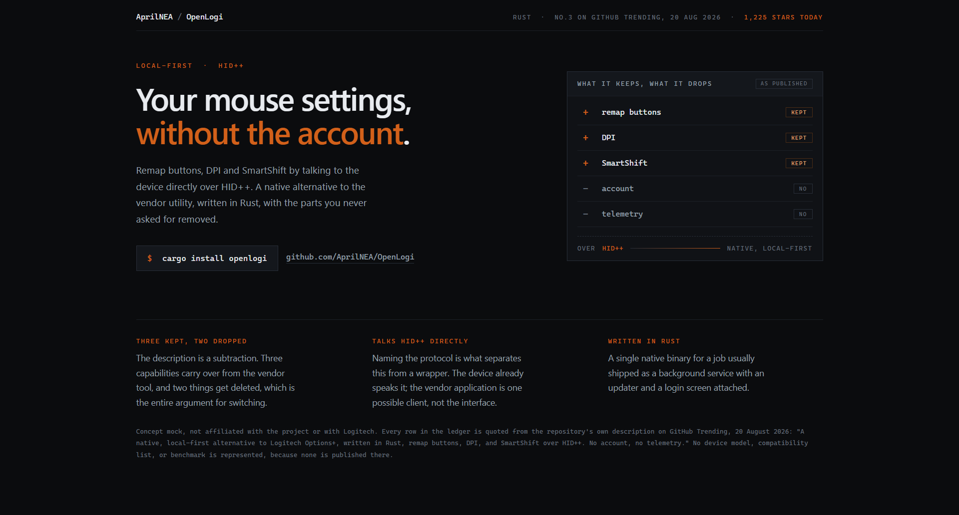 AprilNEA/OpenLogi landing-page hero mock, terminal-dark style