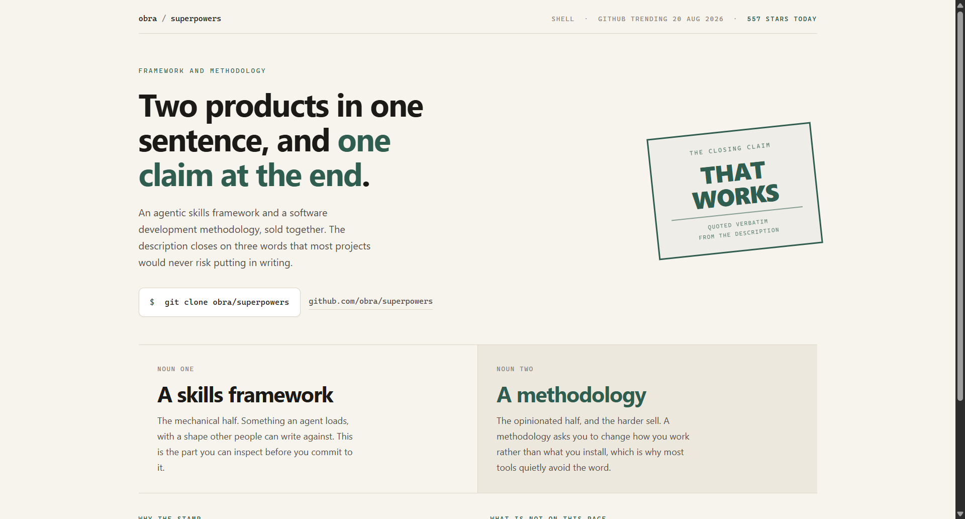 obra/superpowers landing-page hero mock, specimen style