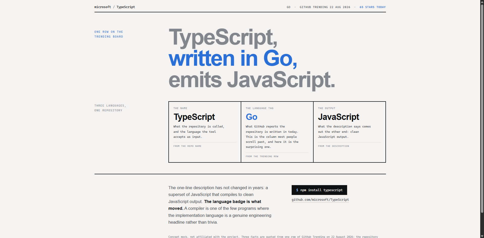 microsoft/TypeScript landing-page hero mock, swiss style