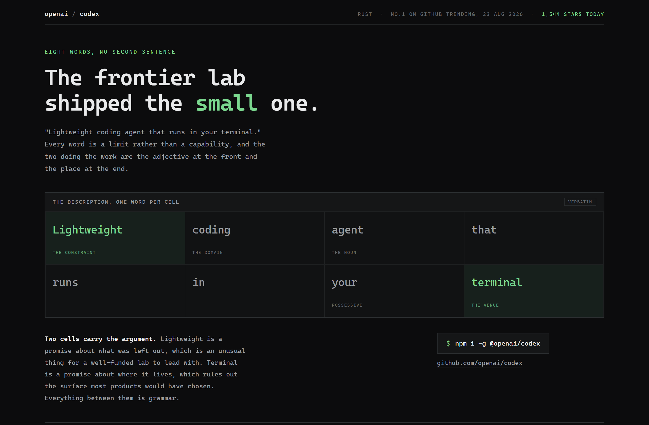 openai/codex landing-page hero mock, cell-grid style