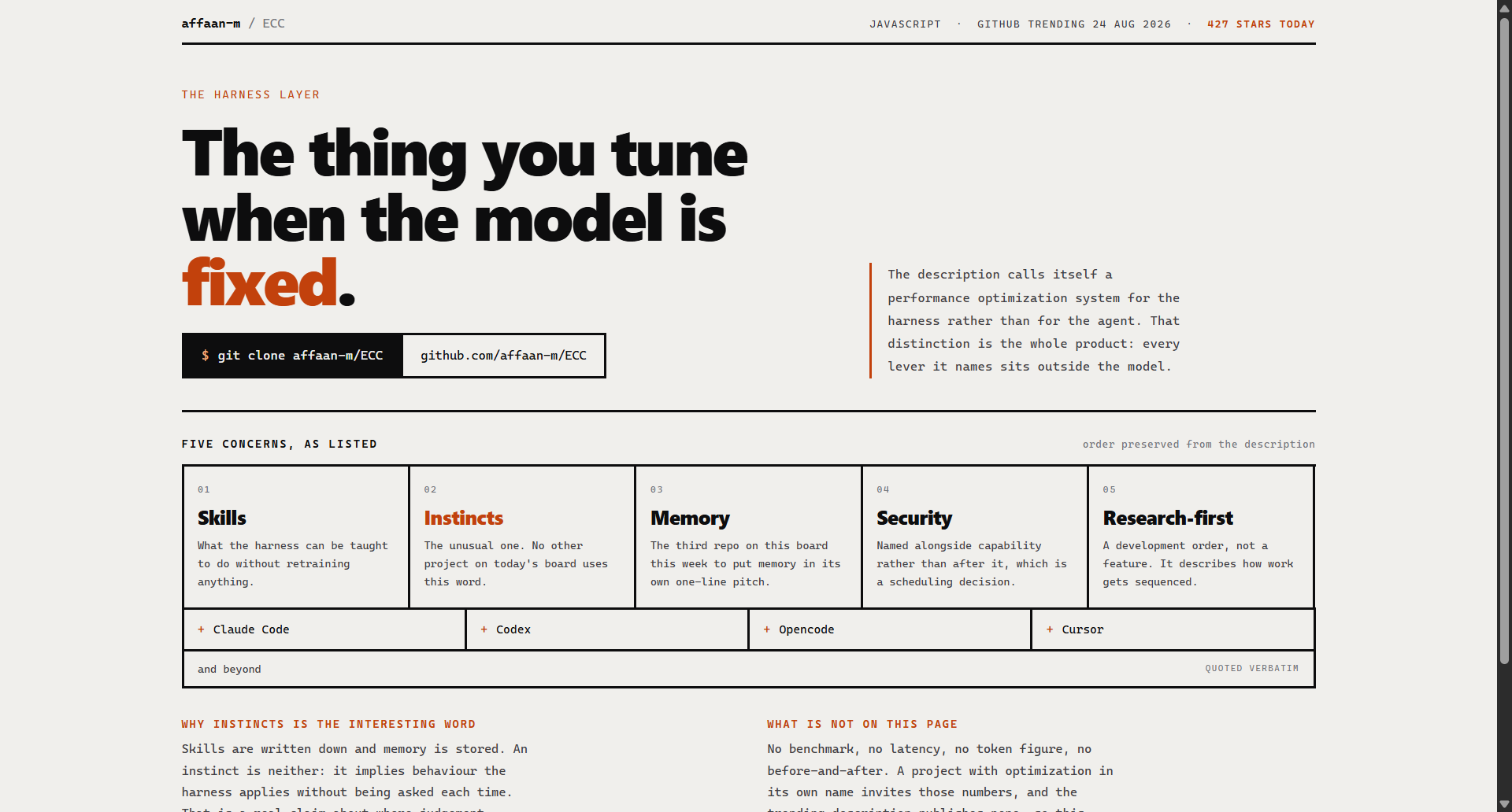 affaan-m/ECC landing-page hero mock, brutalist style
