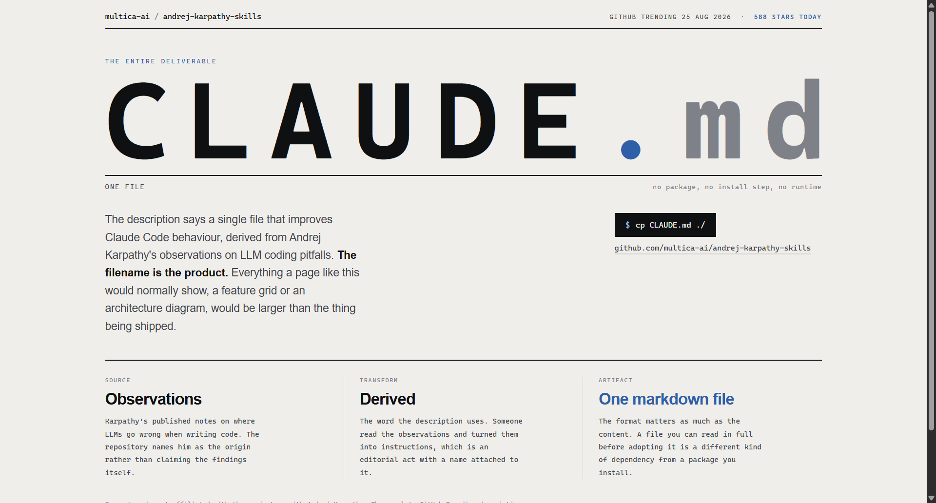 multica-ai/andrej-karpathy-skills landing-page hero mock, poster style