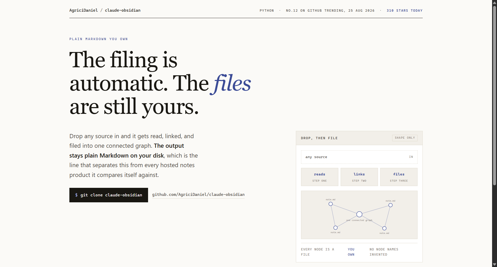 AgriciDaniel/claude-obsidian landing-page hero mock, editorial style