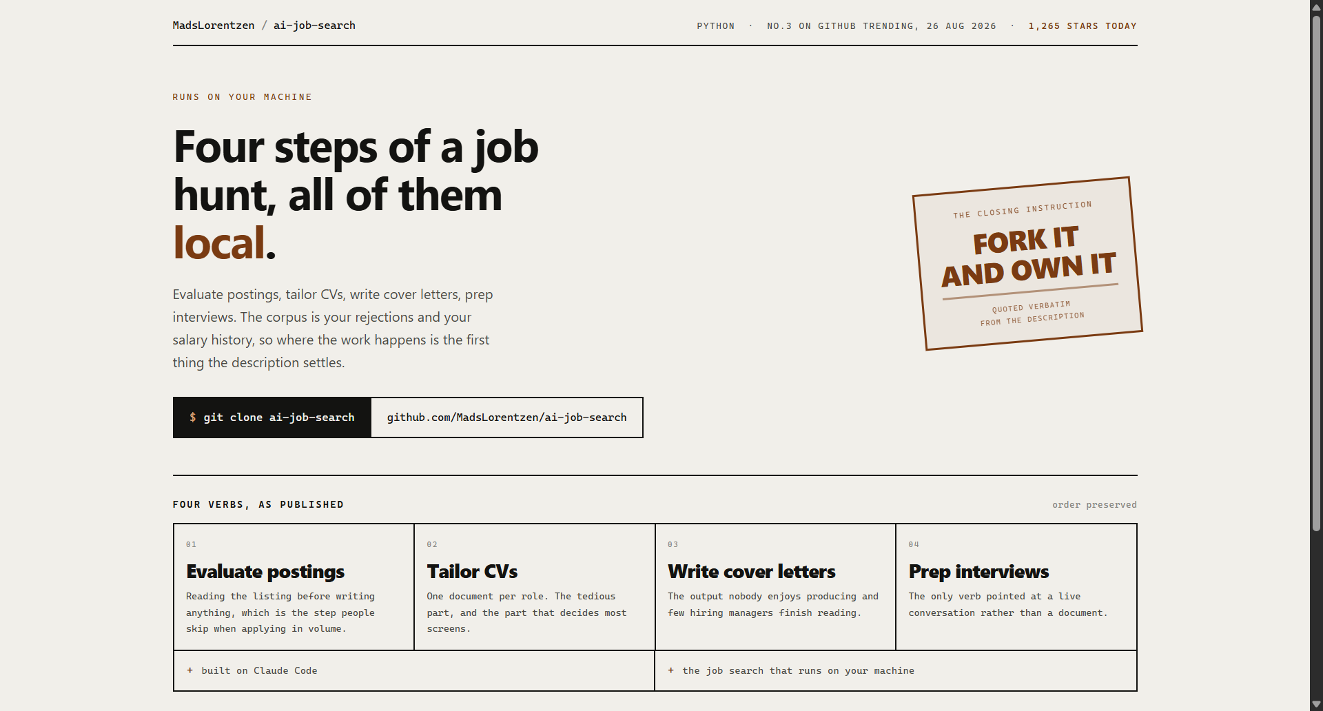 MadsLorentzen/ai-job-search landing-page hero mock, specimen style