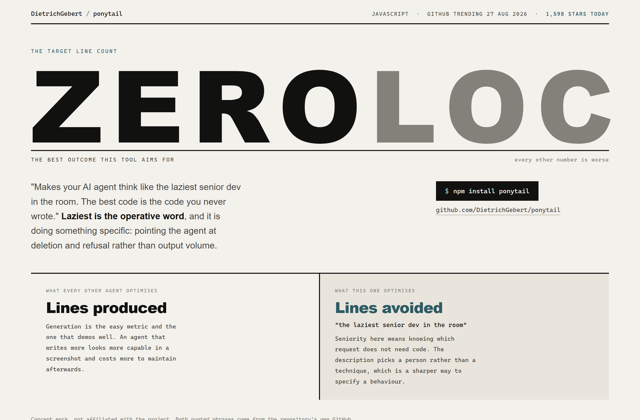 DietrichGebert/ponytail landing-page hero mock, swiss style