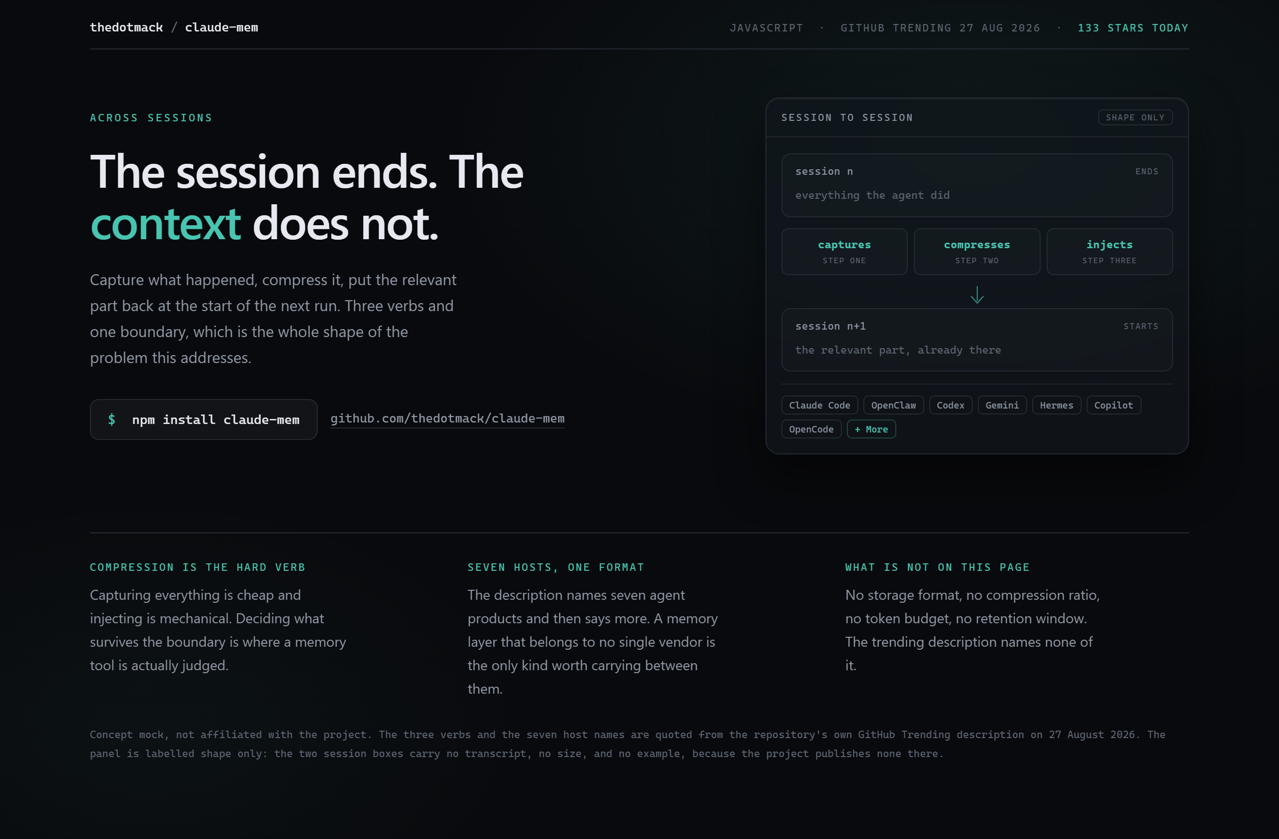 thedotmack/claude-mem landing-page hero mock, glass style