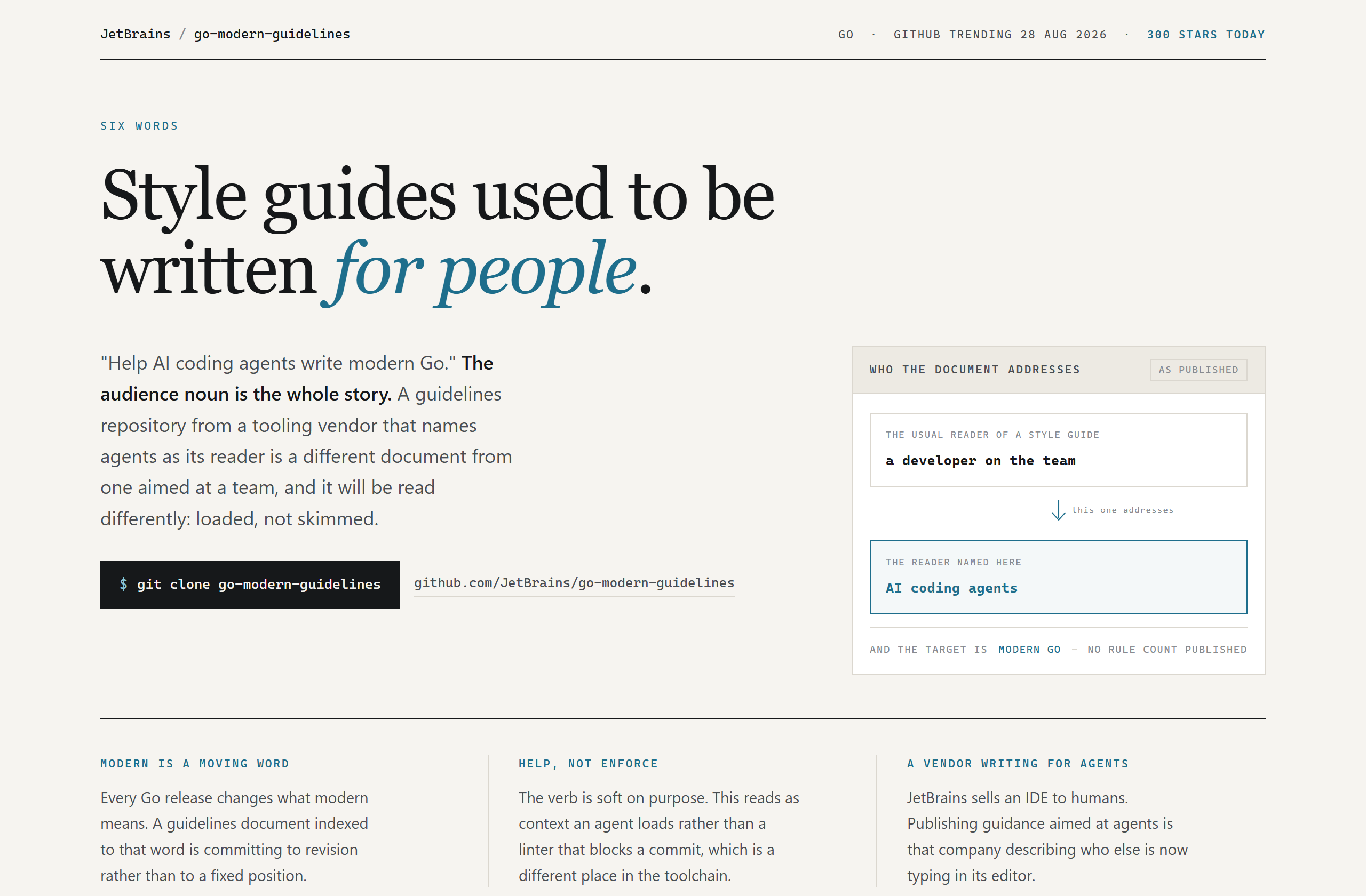 JetBrains/go-modern-guidelines landing-page hero mock, editorial style