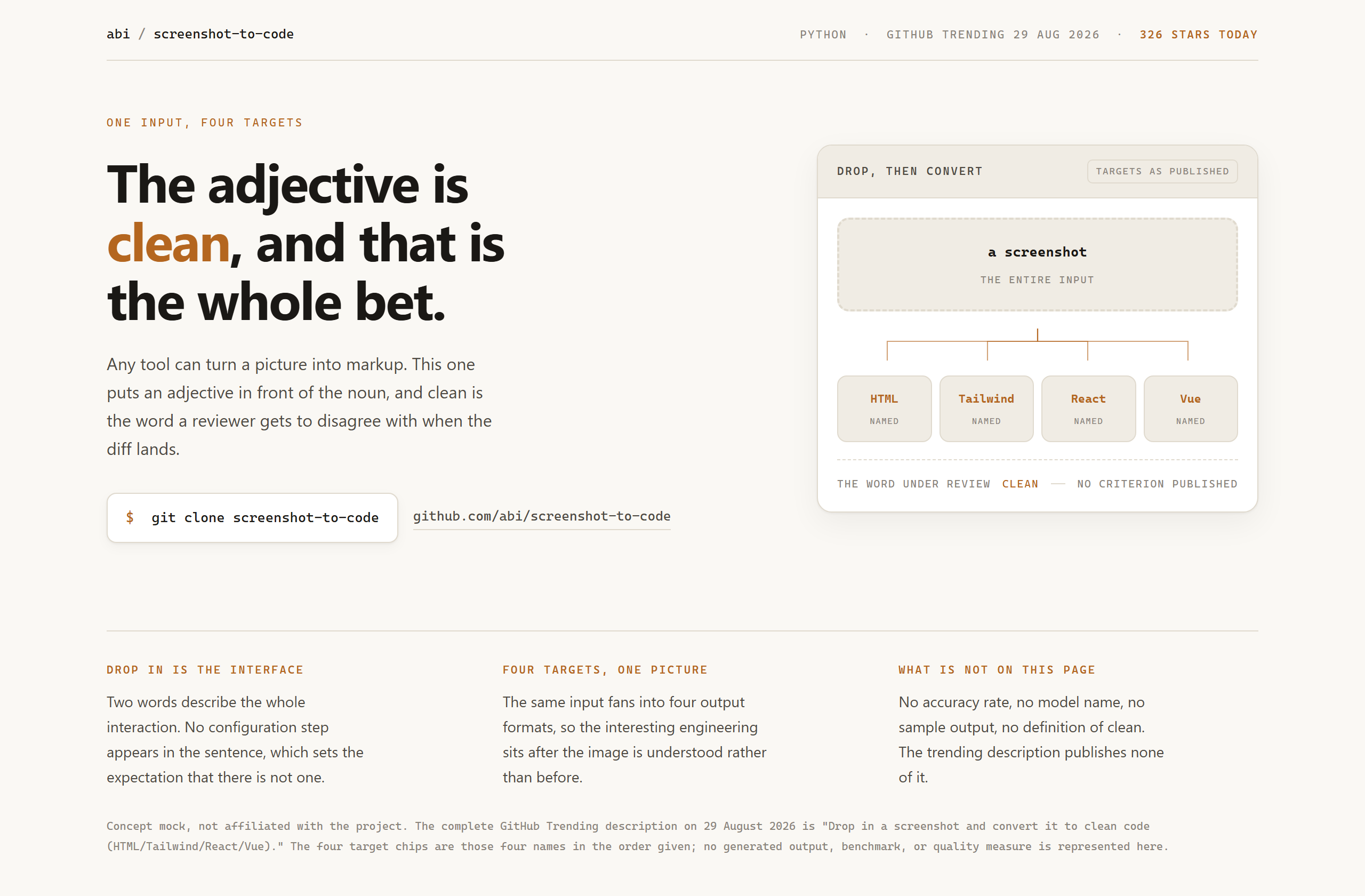 abi/screenshot-to-code landing-page hero mock, warm-minimal style