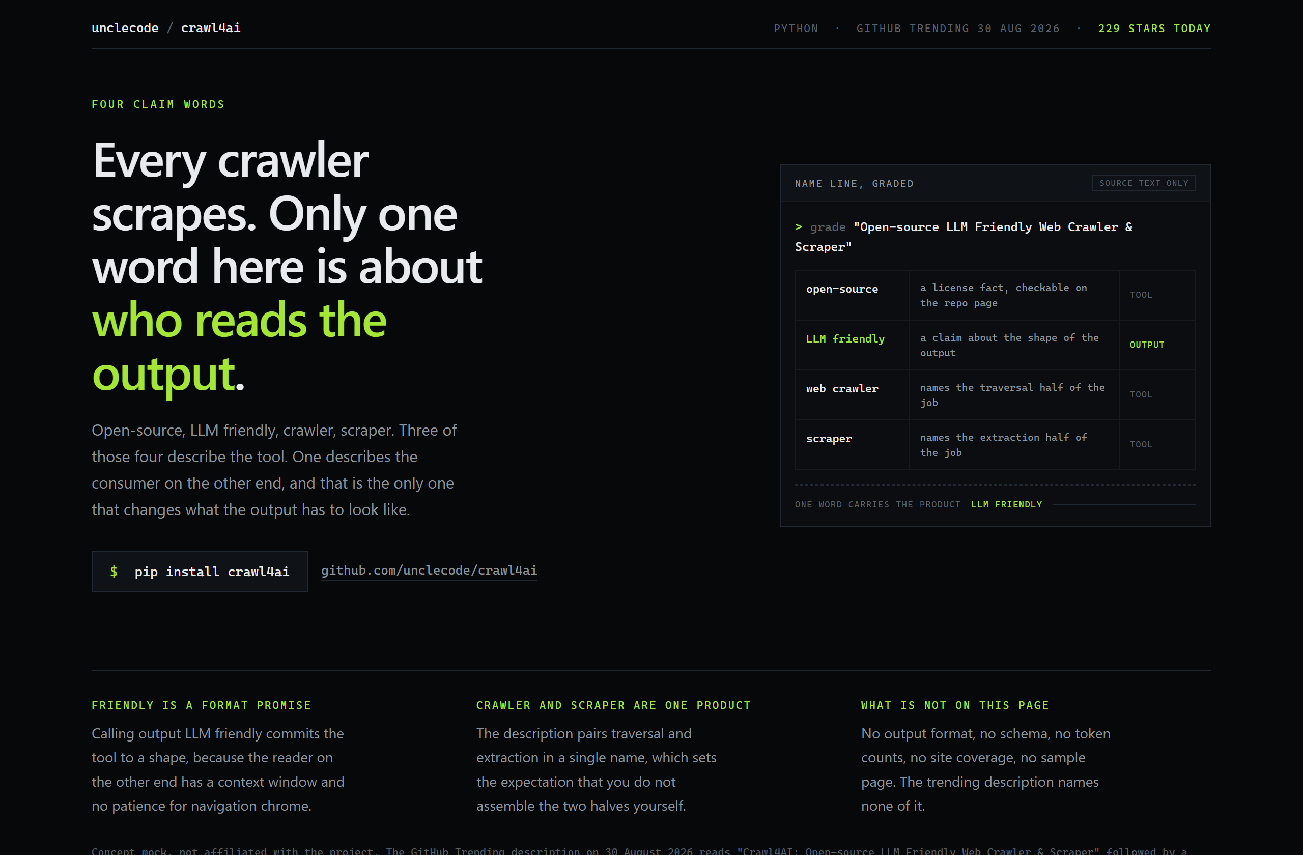 unclecode/crawl4ai landing-page hero mock, terminal-dark style
