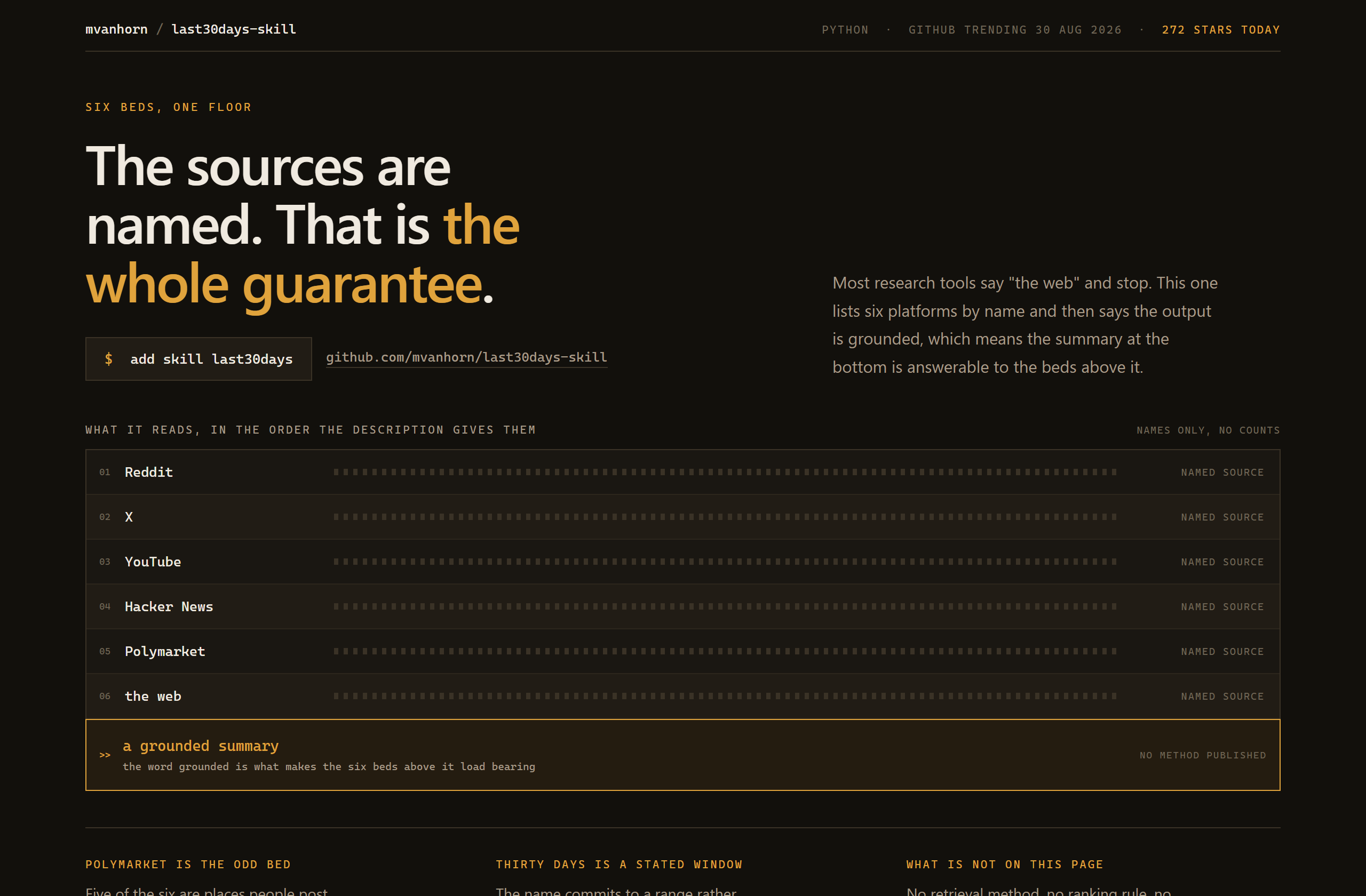 mvanhorn/last30days-skill landing-page hero mock, strata style