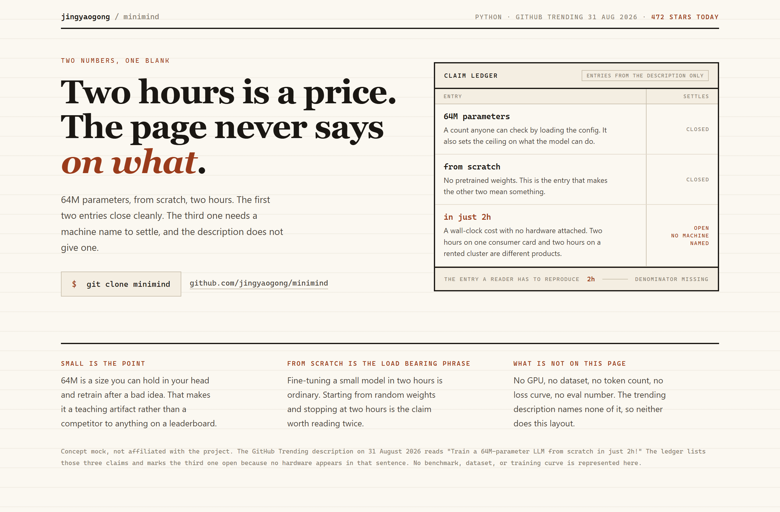 jingyaogong/minimind landing-page hero mock, ledger style