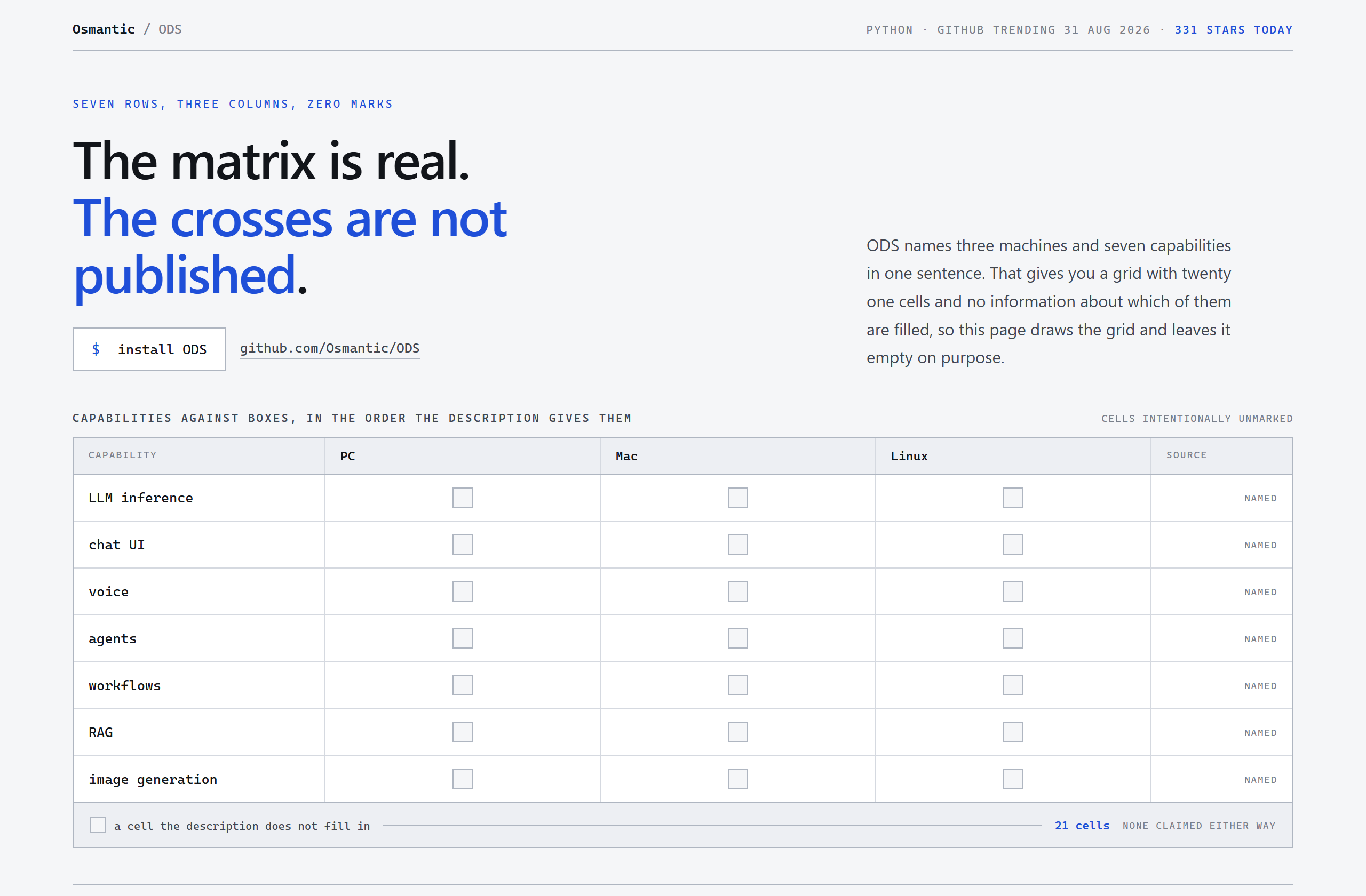 Osmantic/ODS landing-page hero mock, cell-grid style