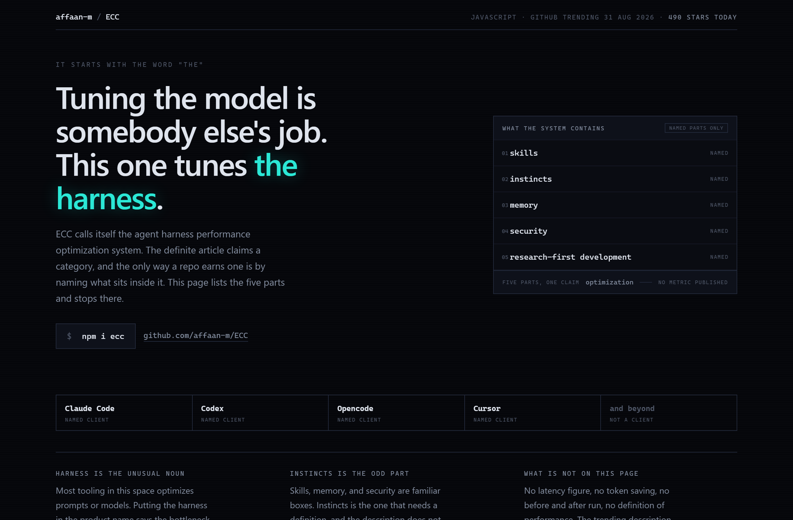 affaan-m/ECC landing-page hero mock, neon-noir style
