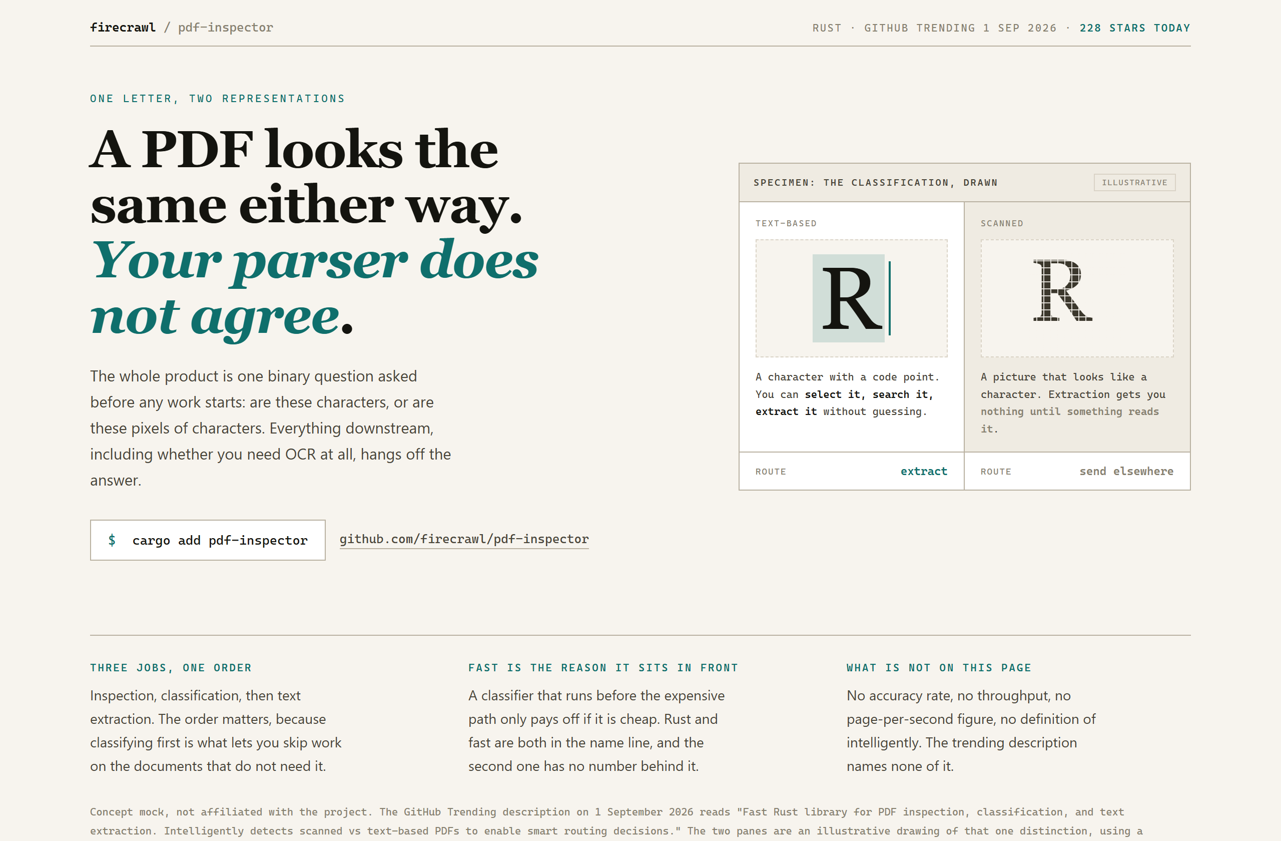firecrawl/pdf-inspector landing-page hero mock, specimen style