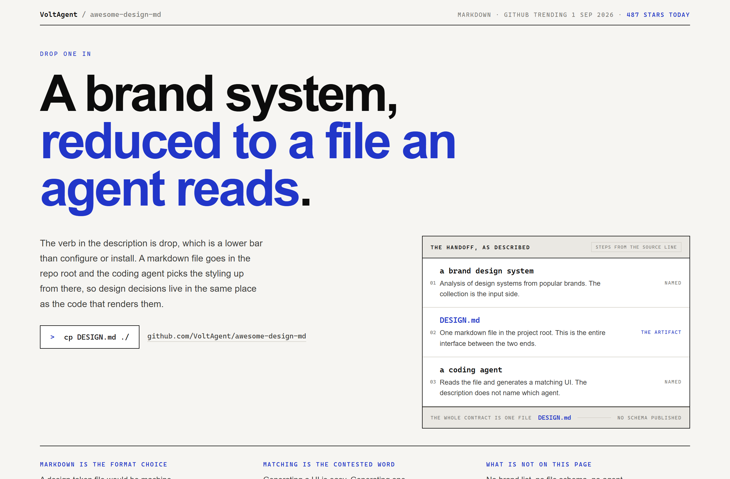 VoltAgent/awesome-design-md landing-page hero mock, poster style