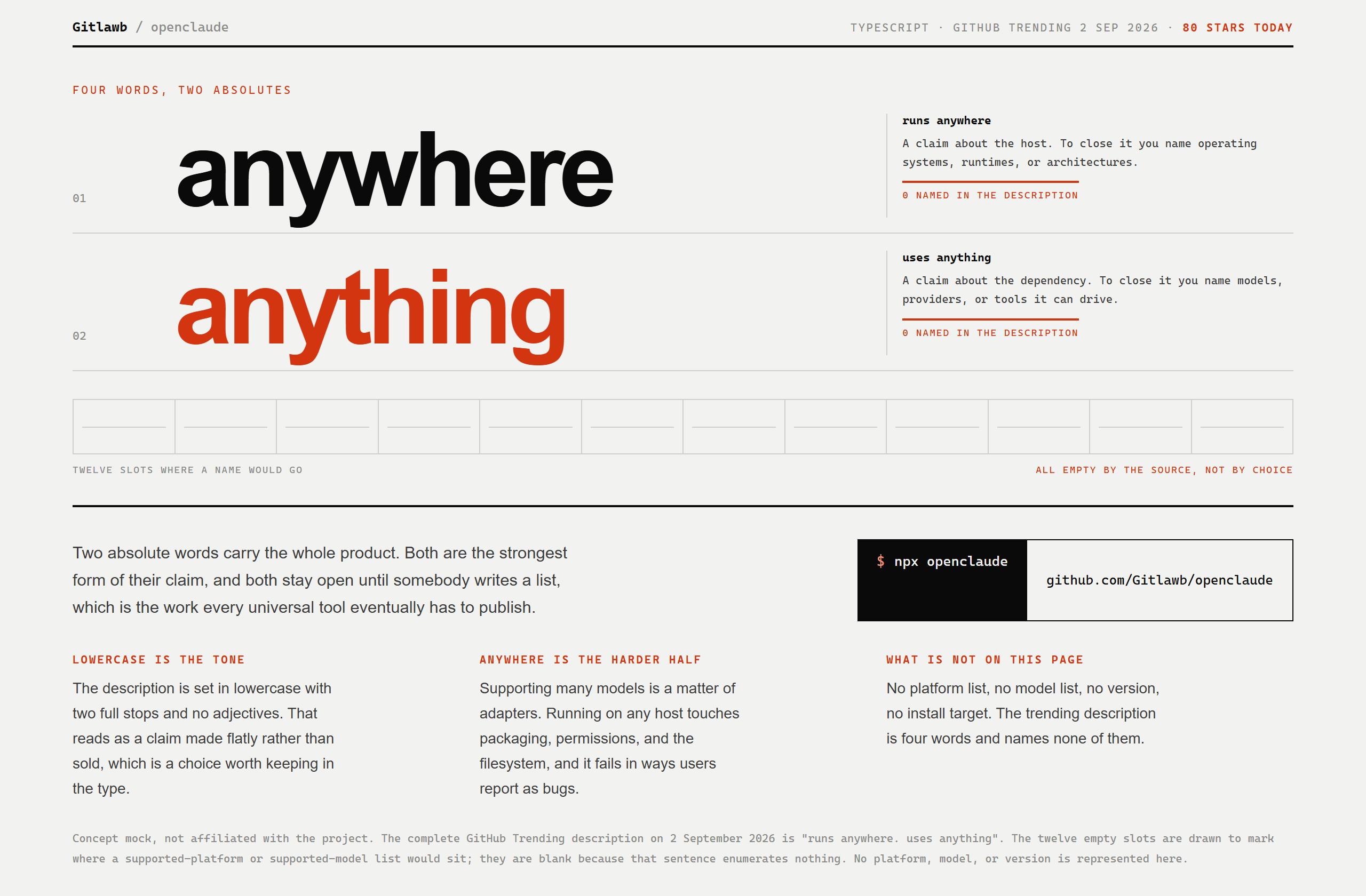 Gitlawb/openclaude landing-page hero mock, swiss style