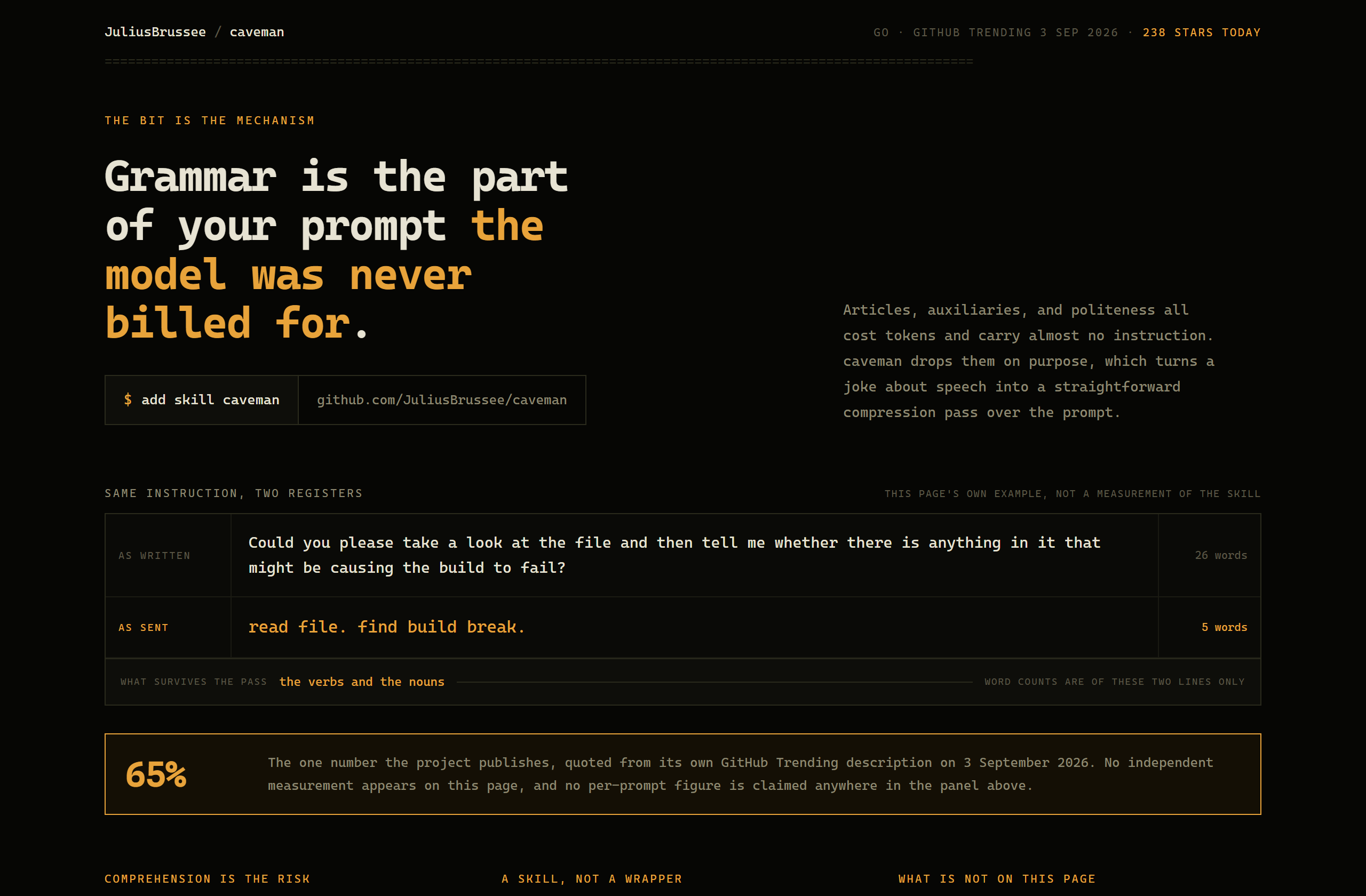 JuliusBrussee/caveman landing-page hero mock, mono-zine style