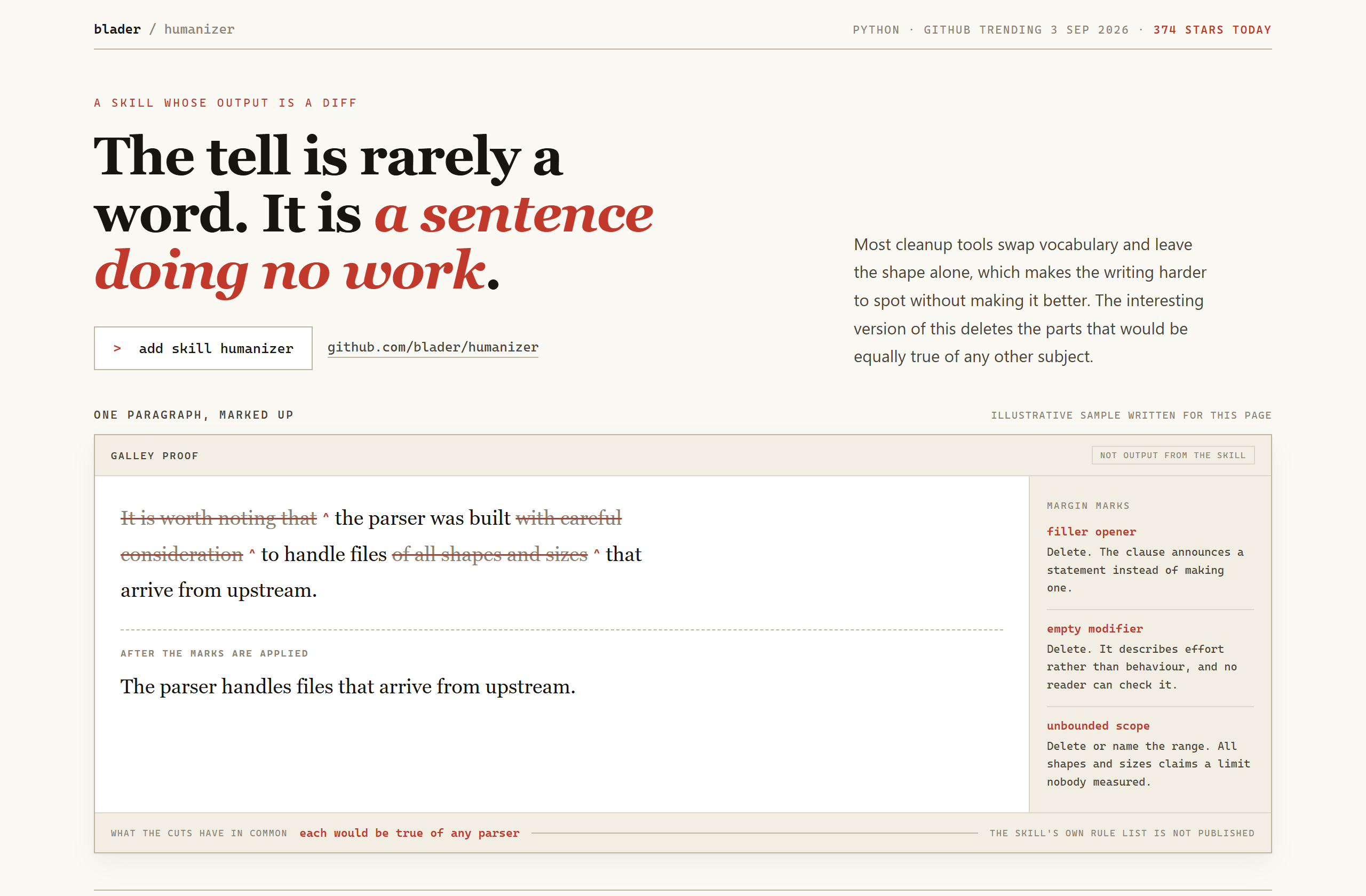 blader/humanizer landing-page hero mock, redline style