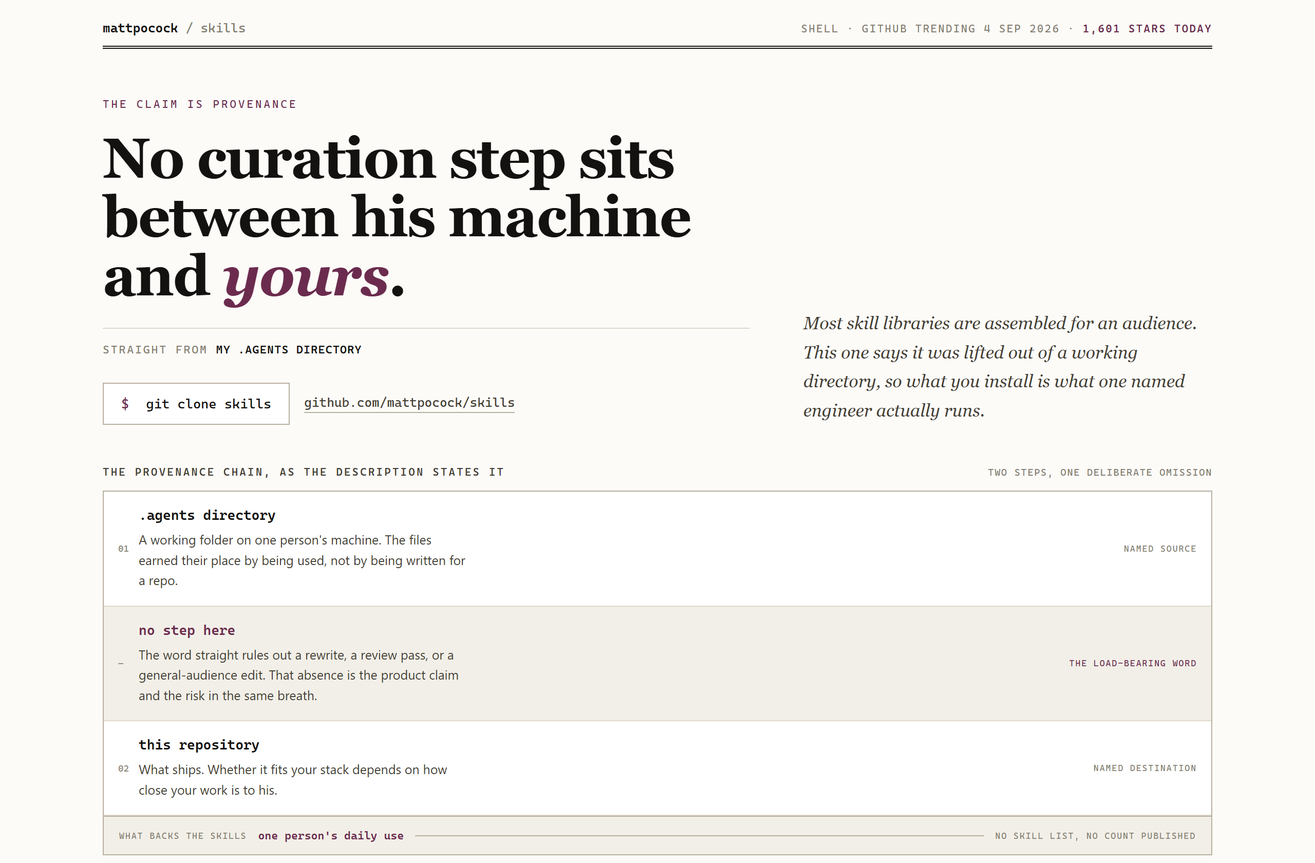 mattpocock/skills landing-page hero mock, editorial style