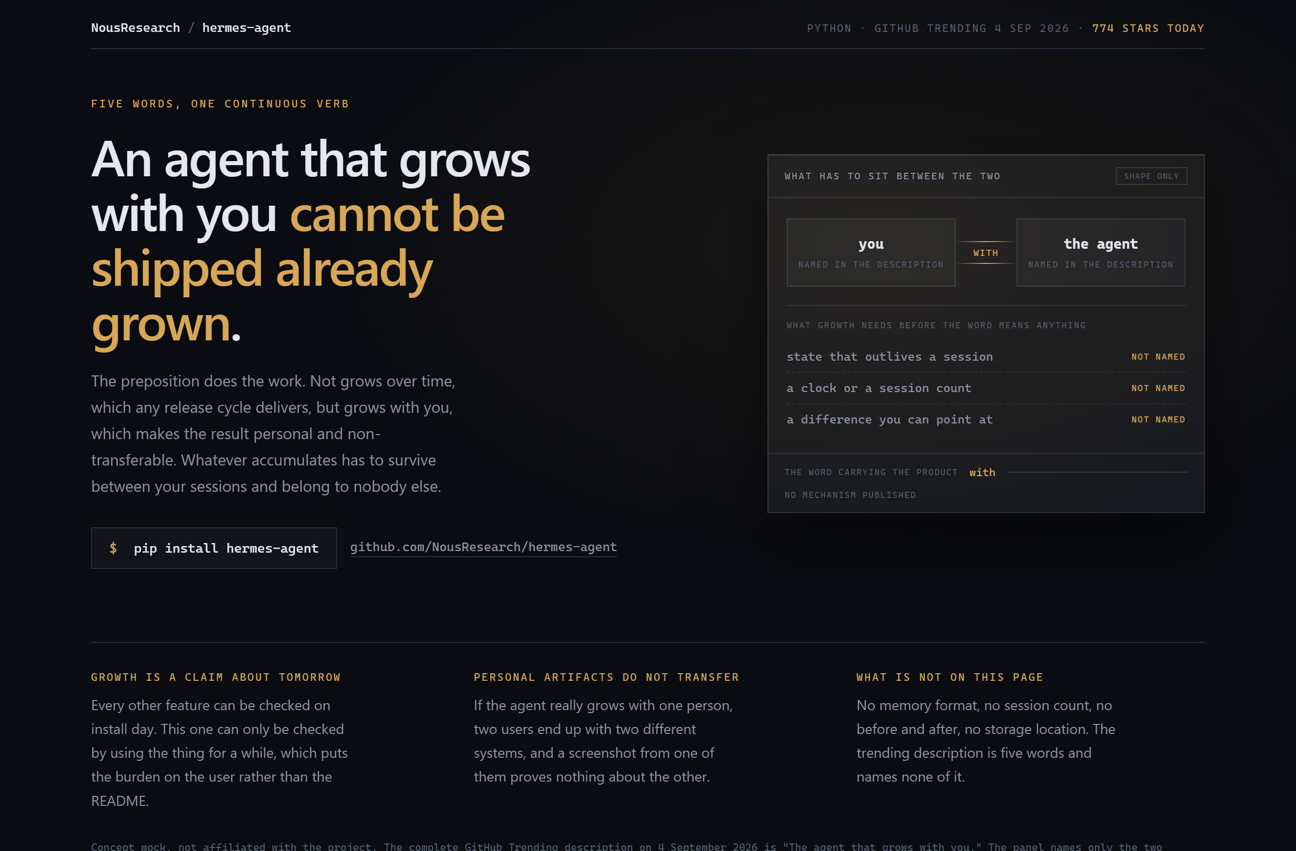 NousResearch/hermes-agent landing-page hero mock, glass style