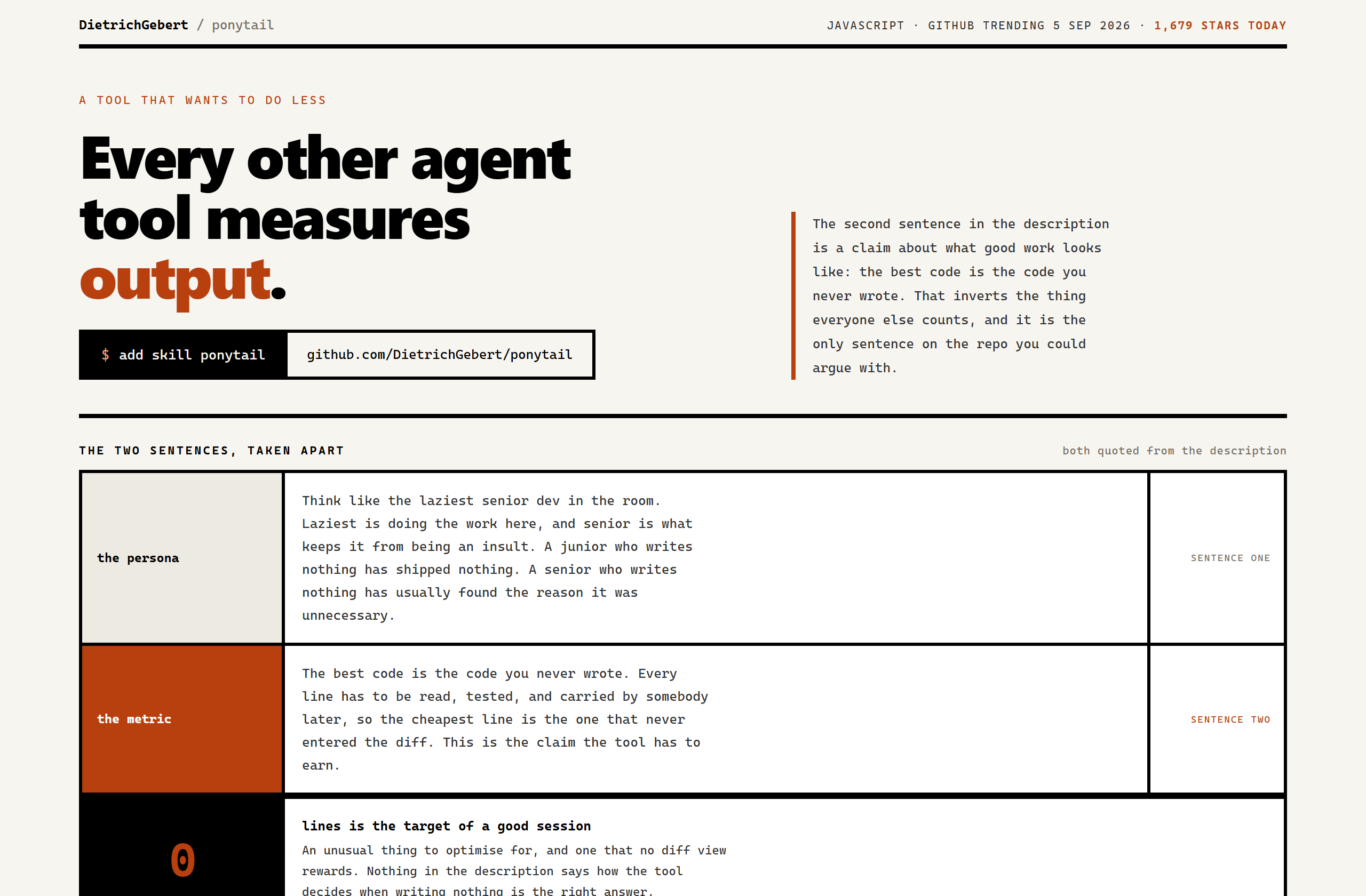 DietrichGebert/ponytail landing-page hero mock, brutalist style