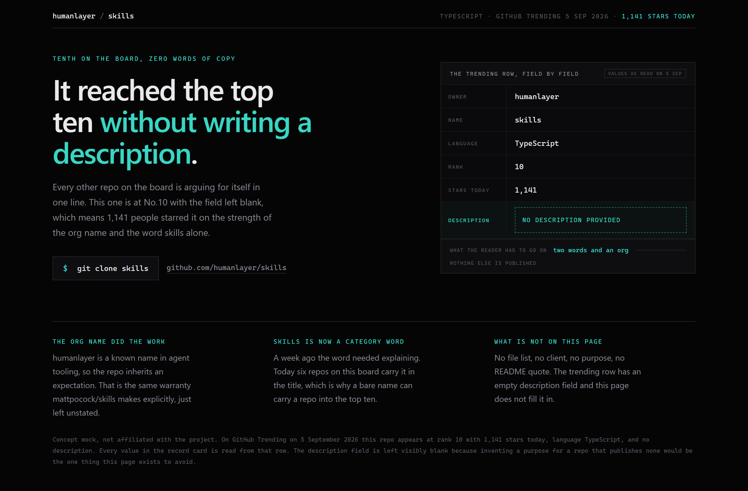 humanlayer/skills landing-page hero mock, terminal-dark style