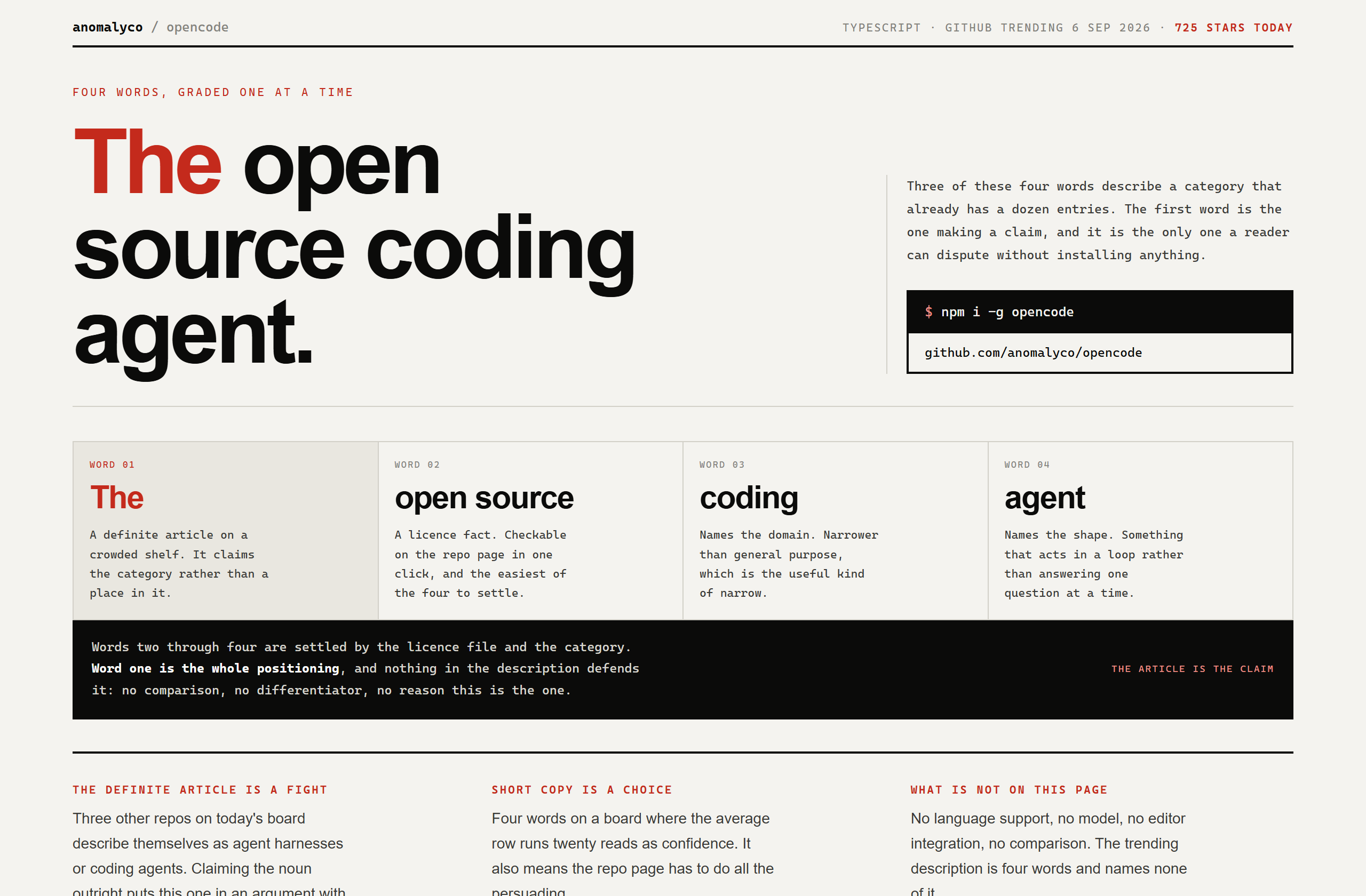 anomalyco/opencode landing-page hero mock, swiss style