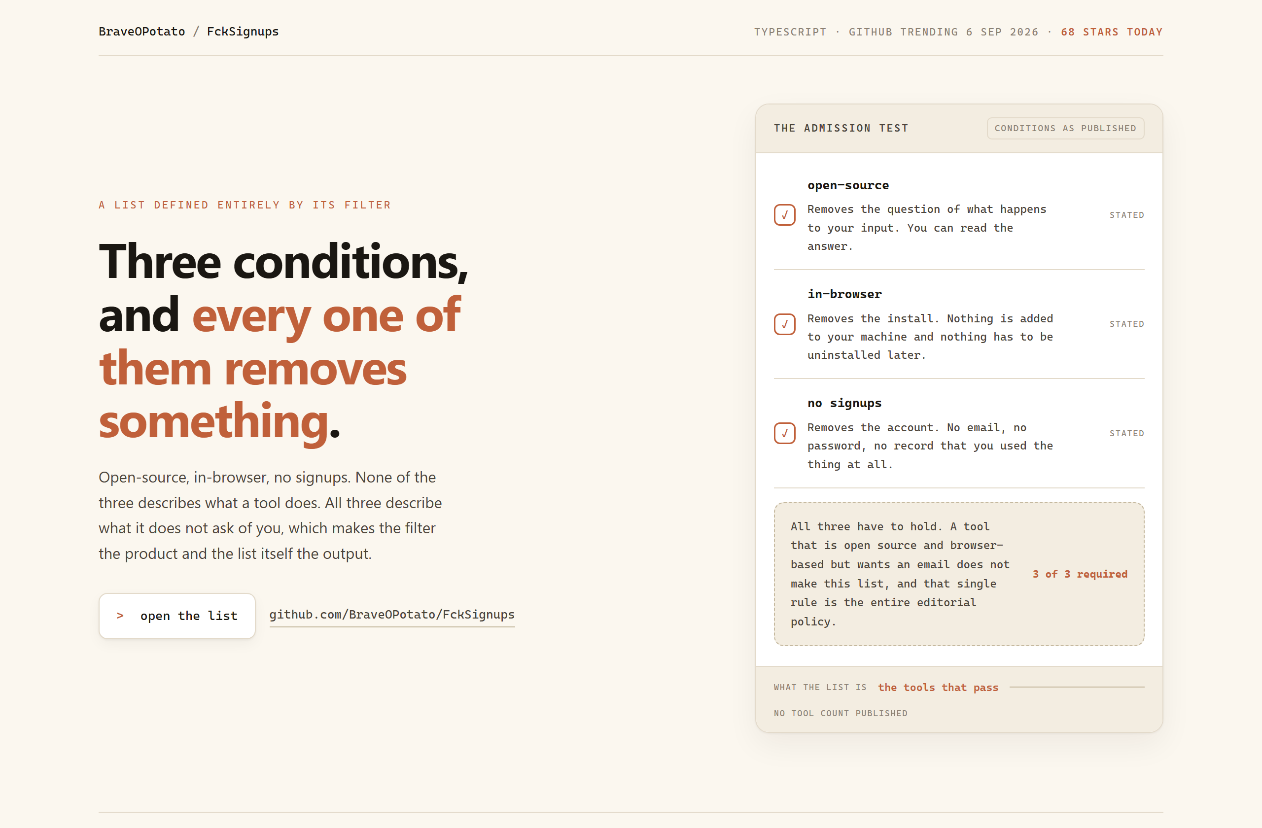 BraveOPotato/FckSignups landing-page hero mock, warm-minimal style