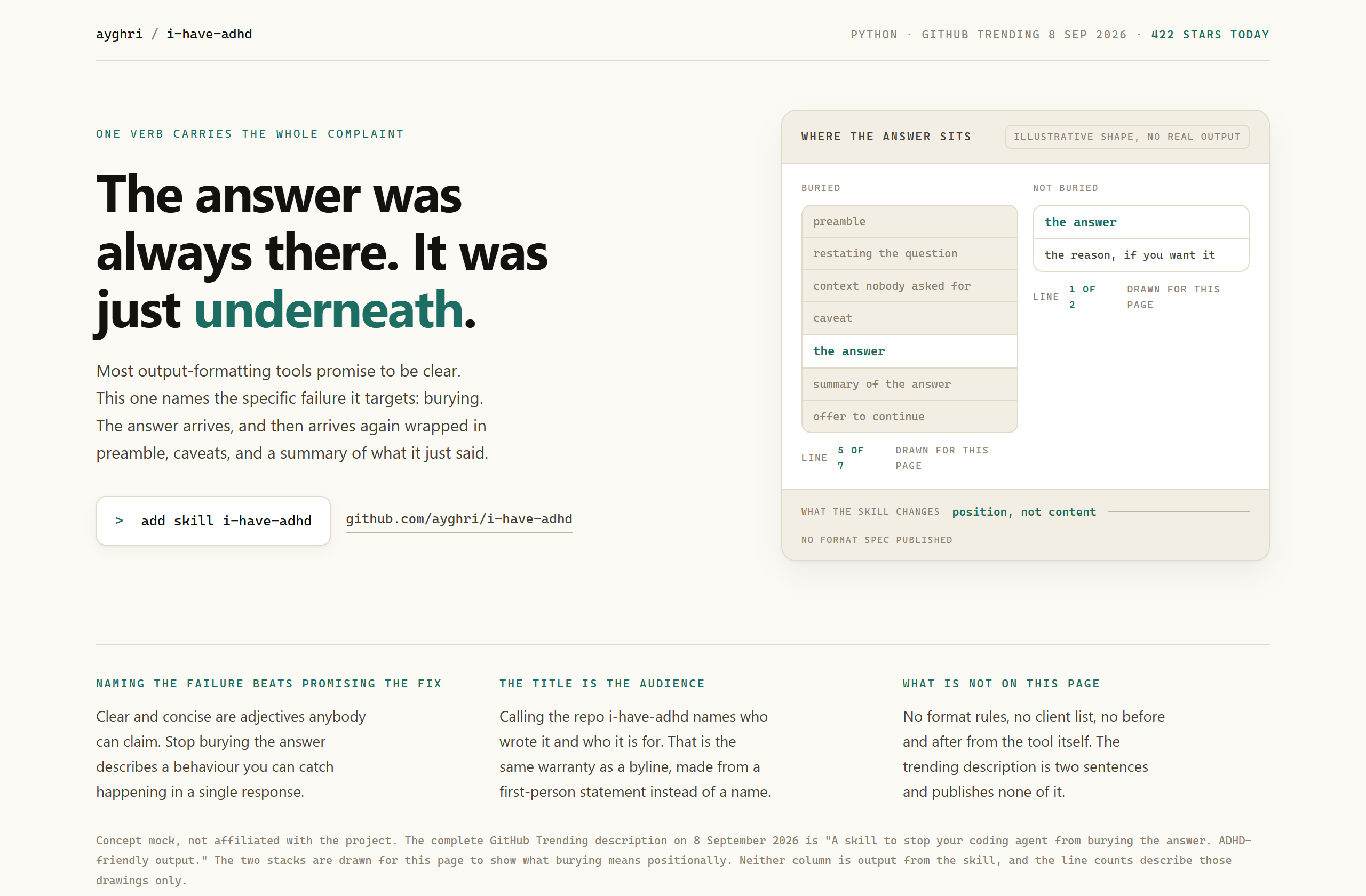ayghri/i-have-adhd landing-page hero mock, warm-minimal style