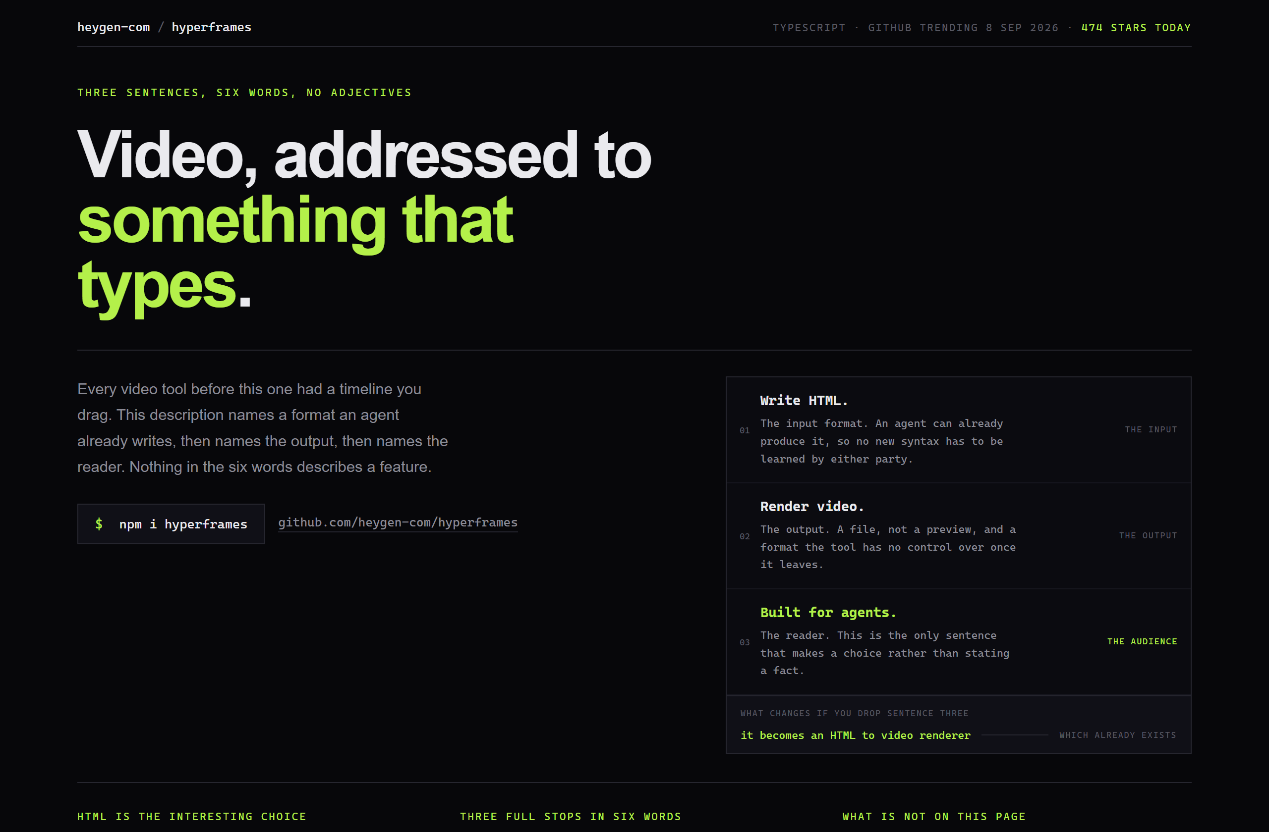 heygen-com/hyperframes landing-page hero mock, poster style