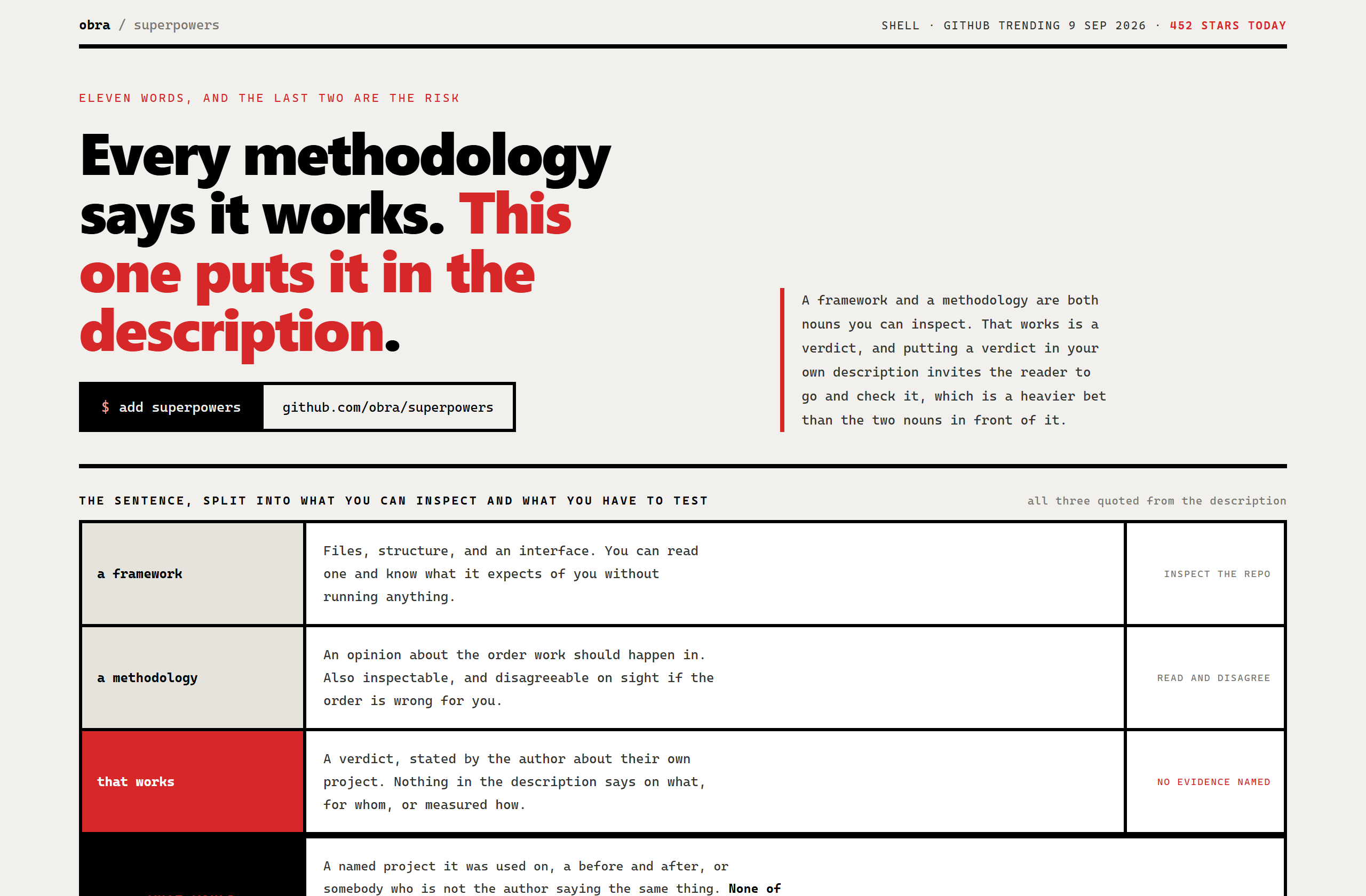 obra/superpowers landing-page hero mock, brutalist style